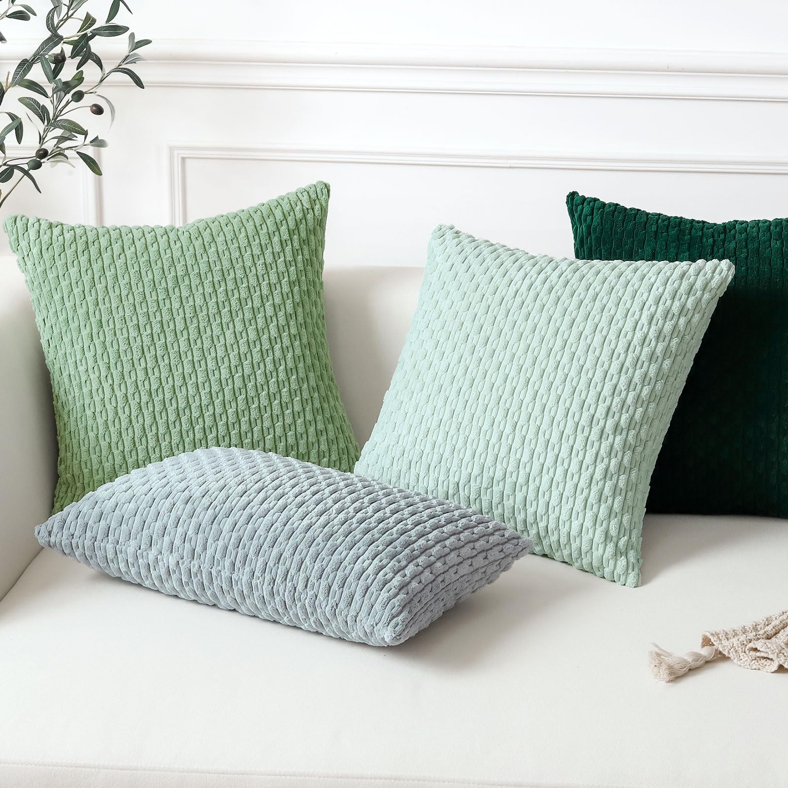 Sungeek Set of 2 Light Green Soft Corduroy Decorative Cushion Covers Boho Striped Throw Pillow Covers for Sofa Couch Living Room Patio Farmhouse Home Decor Pillowcases 50x50cm - Image 2