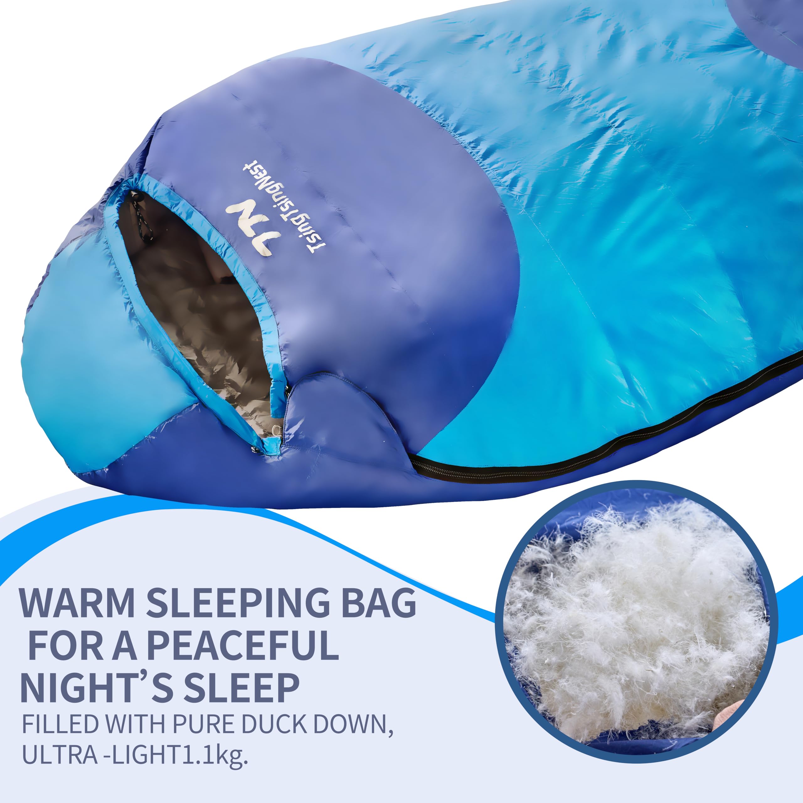 TsingTsingNest Sleeping Bag 3 Season 20F Fill 21 Ounces of Duck Down 650Fill Power Duck Down Sleeping Bag Ultralight Camping Backpacking Gear Equipment Traveling Campers and Outdoors Blue Large