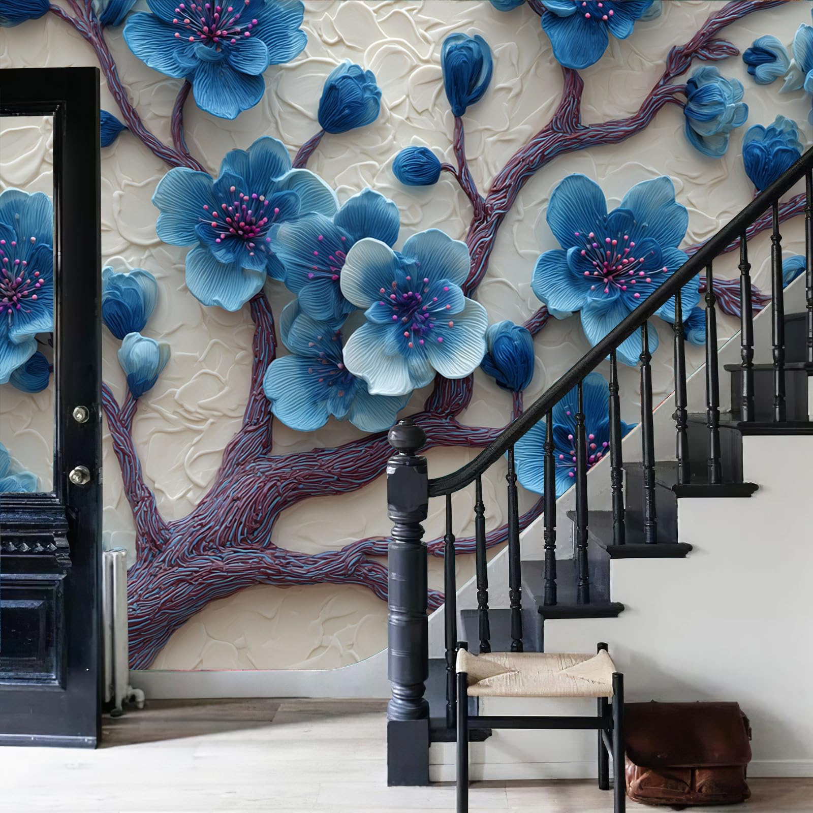 Carta Da Parati Fiori Ciliegio Ramoscelli 400×280cm Wallpaper Carta Da Parati Murale 3D, Rilievo Piante Fotomurali Moderni Per Soggiorno E Camera Da Letto, XXL Decorazione Murale 3D, Bianco