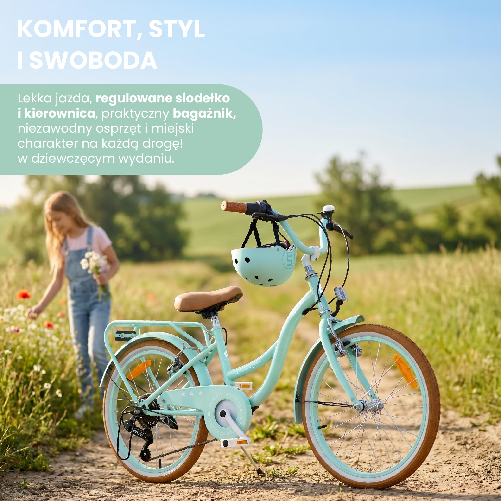 SUN BABY FLOWER BIKE RETRO Rower dziecięcy dla dziewczynki | Stalowa rama, hamulce V-Brake, błotniki, osłona łańcucha, odblaski, dzwonek i regulowana wysokość