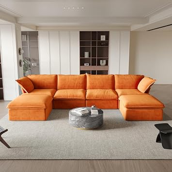 JACH U-Shaped Couches for Living Room, Convertible Sectional Sofa, Modern Deep Seat Soft Cloud Couch, Modular Sectional Sofas with Two Ottomans for Living Room, Apartment Orange