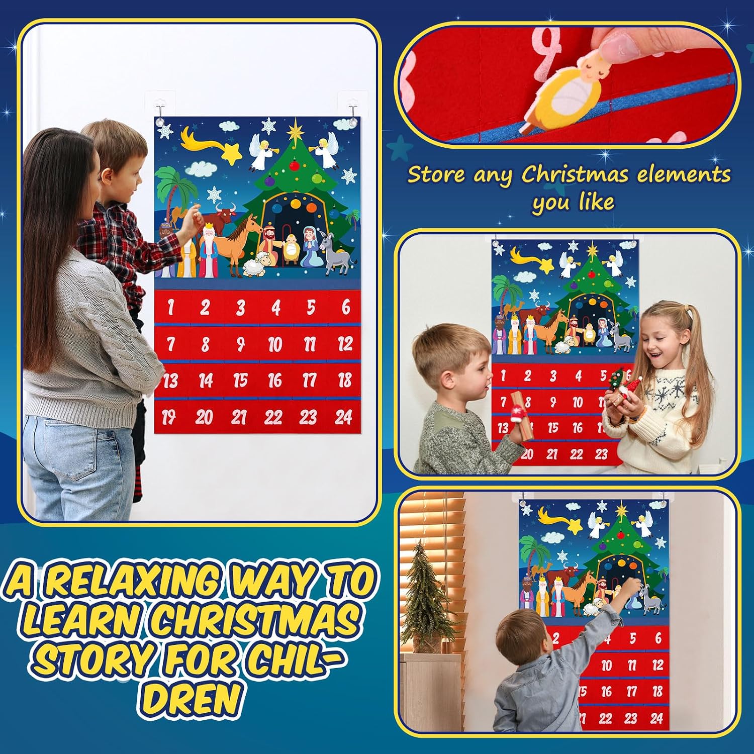 Yexiya Christmas Nativity Advent Calendar 2026 Felt Advent Wall Hanging Craft Calendar with 24 Ornaments Pockets Felt Ornaments Home Decoration for Kids Adults, Countdown to Christmas(Stylish)