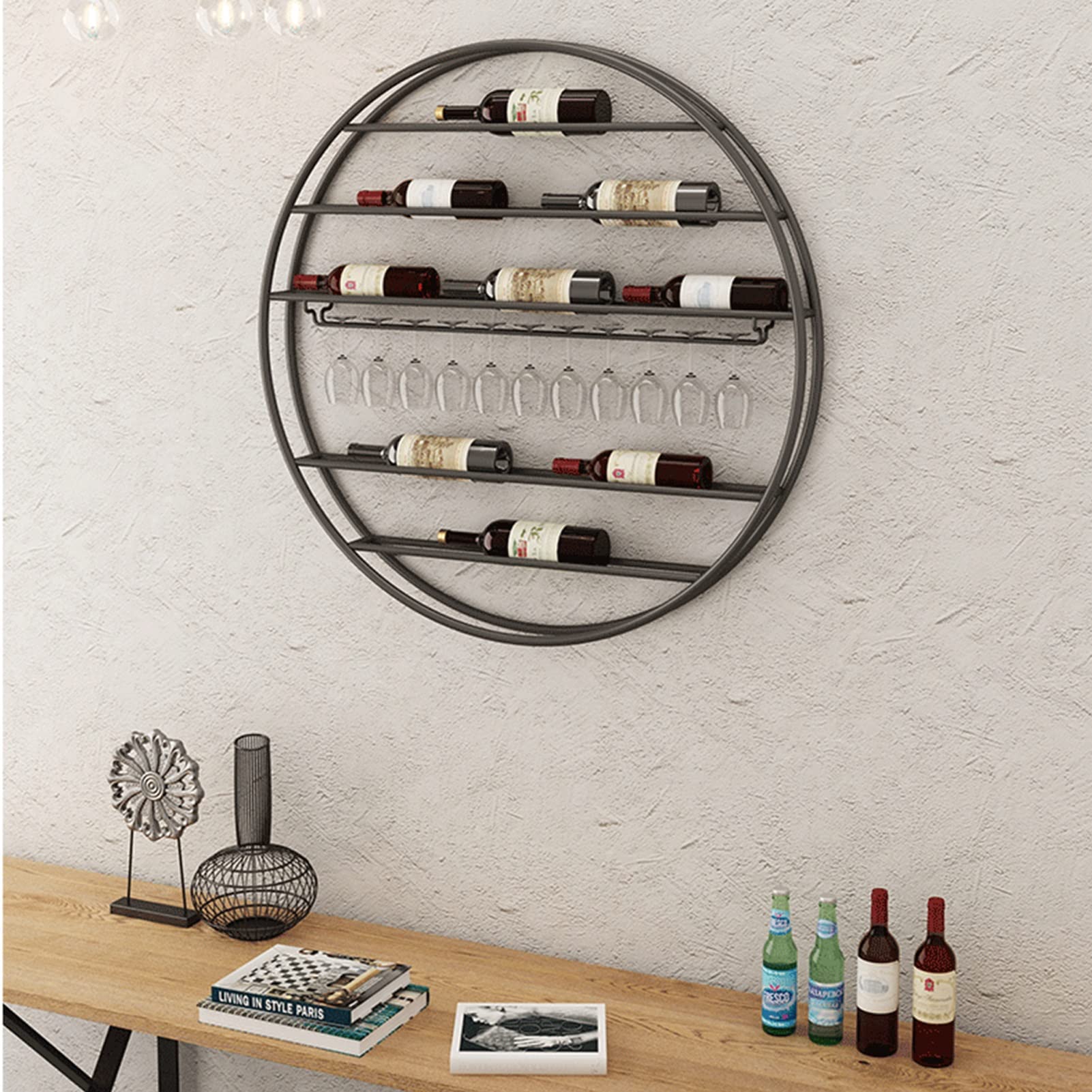Support de rangement pour cuisine suspendu en métal noir avec casier à vin mural pratique