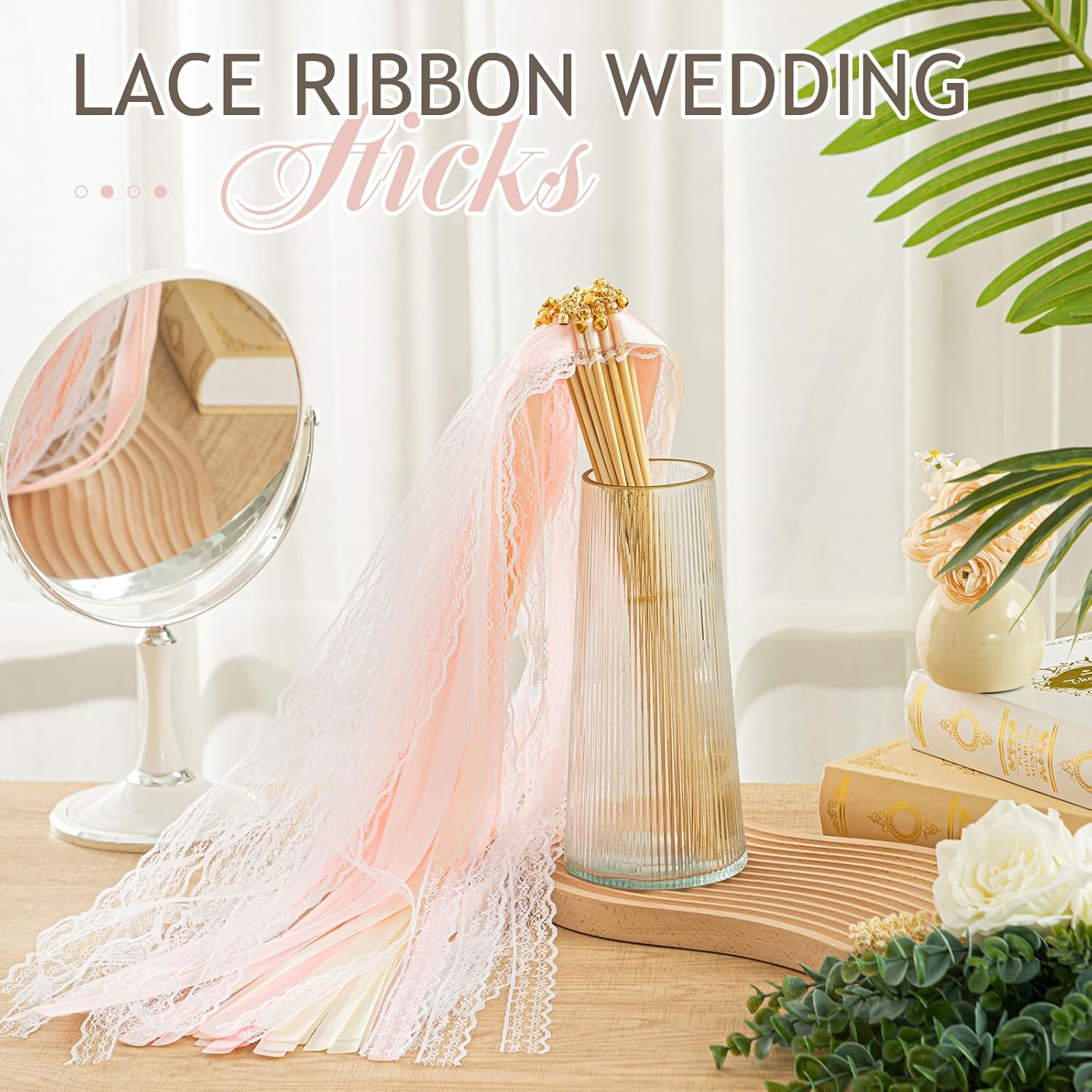 Taiyin 150 Pcs Lace Ribbon Stick Wands Wedding Wand Streamers with Bell Silk Ribbon Fairy Wand Wedding Send Off Streamer for Baby Shower Holiday Party Favors (Pink,Beige)