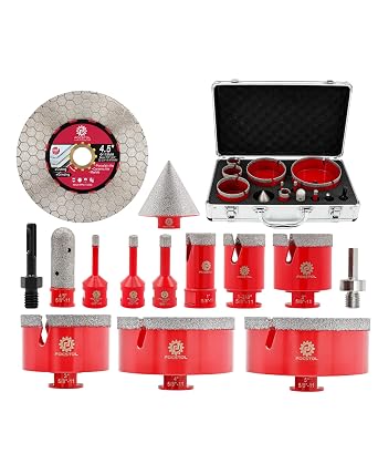 FOCSTOL Diamond Tile Hole Saw Kit 14pcs - 6/8/10/25/35/50/75/100/125mm+20mm Milling Bit+50mm Chamfer Bit+Hex+SDS+115mm Cutting Disc Diamond Core Drill Bit Set for Porcelain, Tile, Ceramic, Marble