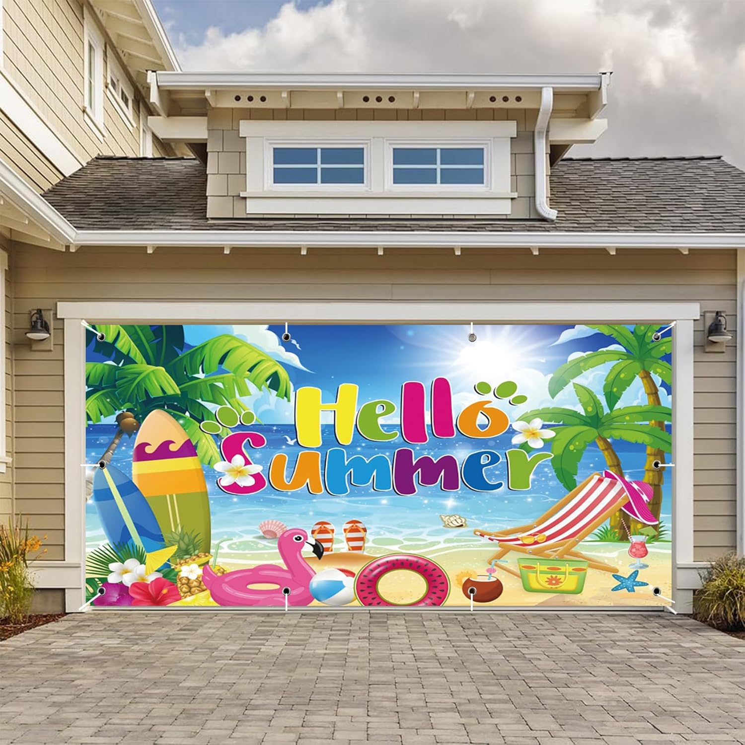 CSFOTO 7x16ft Hello Summer Garage Door Decorative Banner Beach Pool Party Decoration Banner Outdoor Large Garage Door Cover Summer Vacation Portrait Photography Props