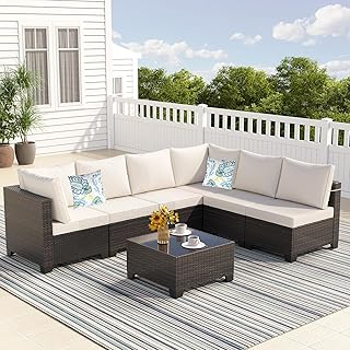7 Pieces Outdoor Conversation Sectional Rattan Sofa, Patio Furniture Set, with Wicker and Cushions for Garden and Backyard, (Brown/Beige)