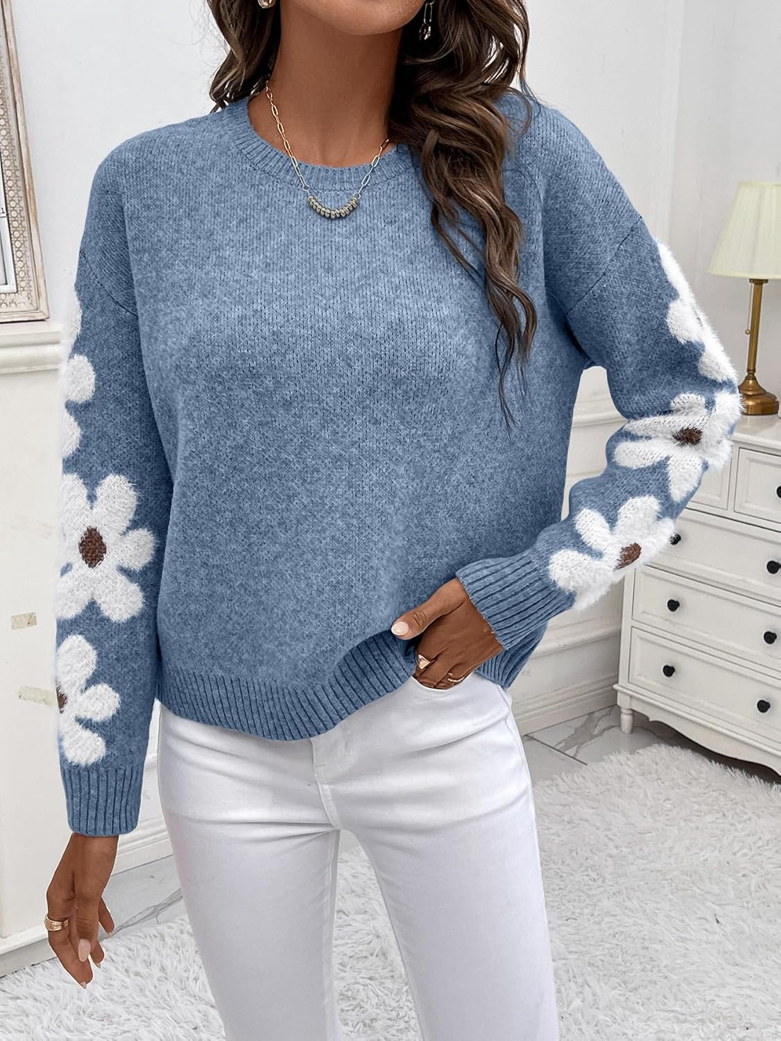 SHENHE Women's Floral Pattern Crewneck Long Sleeve Drop Shoulder Sweaters Pullover Tops - Image 4