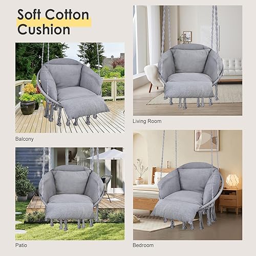Miniatura 8 de Silla colgante, hamaca de macramé, silla colgante con cojín de gran tamaño y accesorios de montaje, silla columpio tejida a mano para dormitorio,