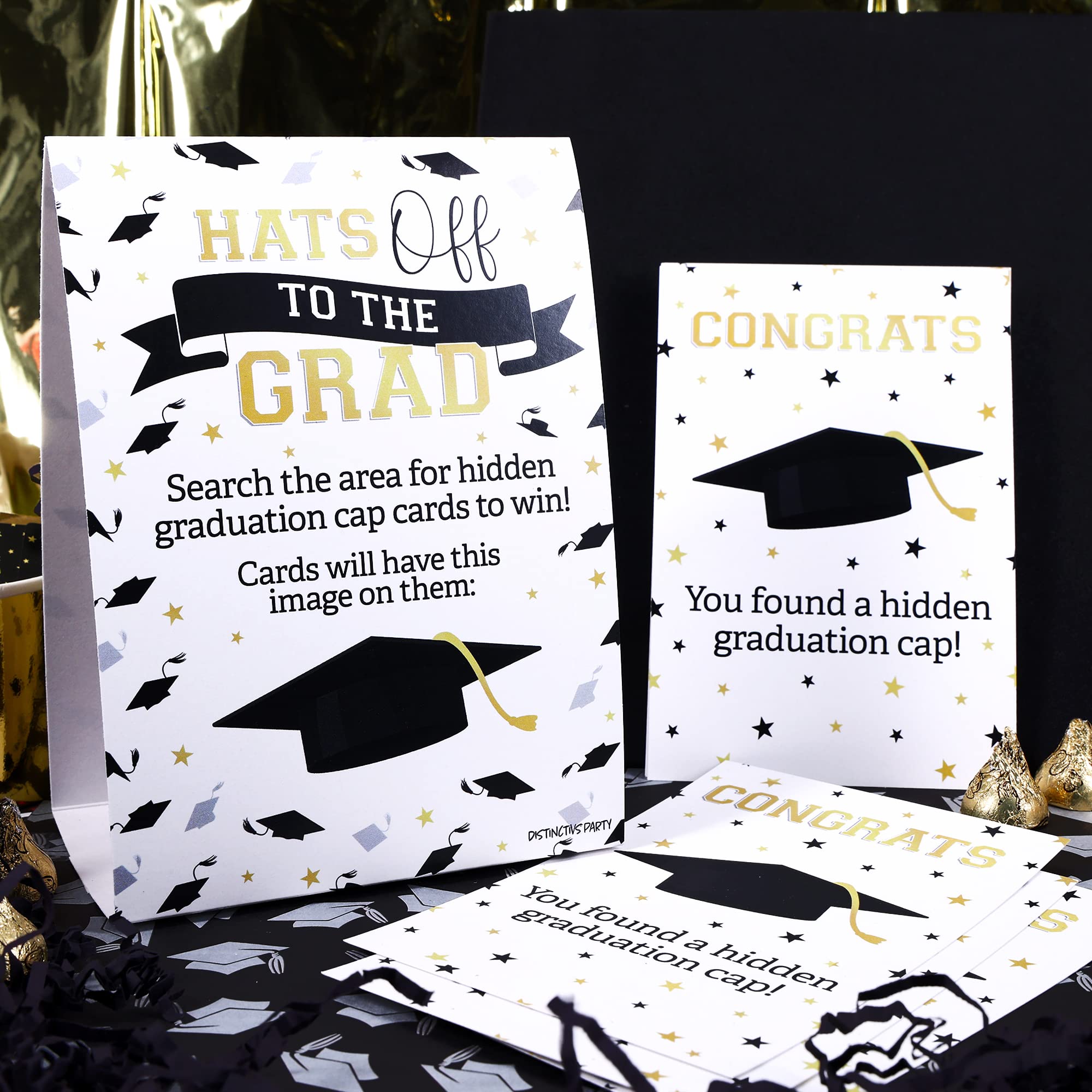 DISTINCTIVS Graduation Party Games, Grad Cap Scavenger Hunt - Class of 2024-1 Sign and 10 Cards to Hide