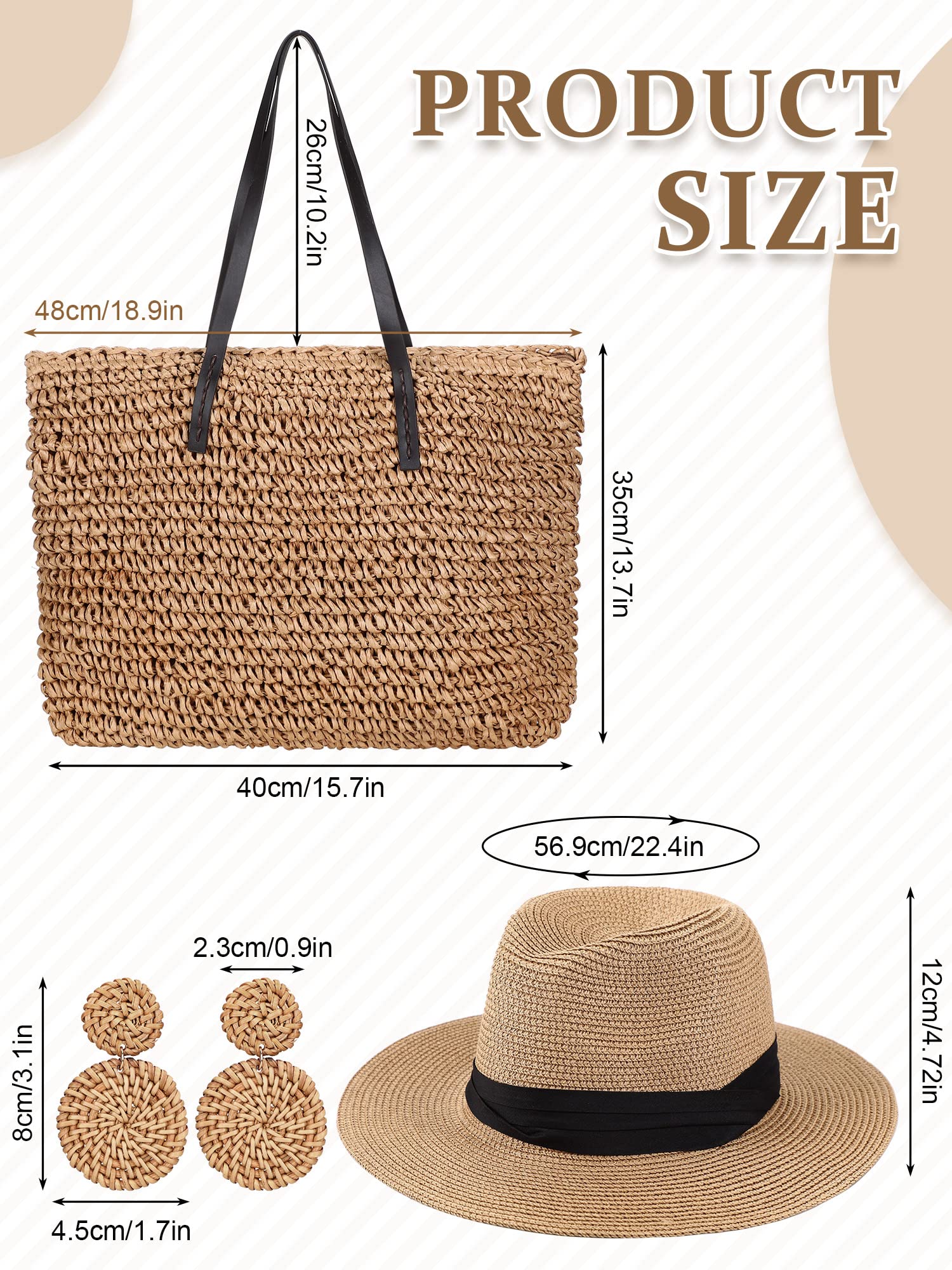 Coume Straw Large Beach Bag for Women's Woven Beach Bag and Hats Set Earring Handmade Shoulder Hand Bohemia Set(Khaki)