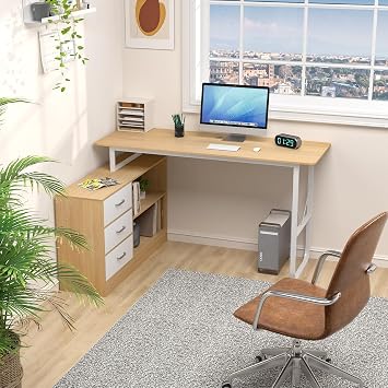 Computer Desk, L Shaped Desk, 140x100 cm Office Desk, Desks & Workstations with 3 Drawers and 2 Shelves, Reversible Large Storage Shelves, Bookshelf Workstation for Work Office 140cm