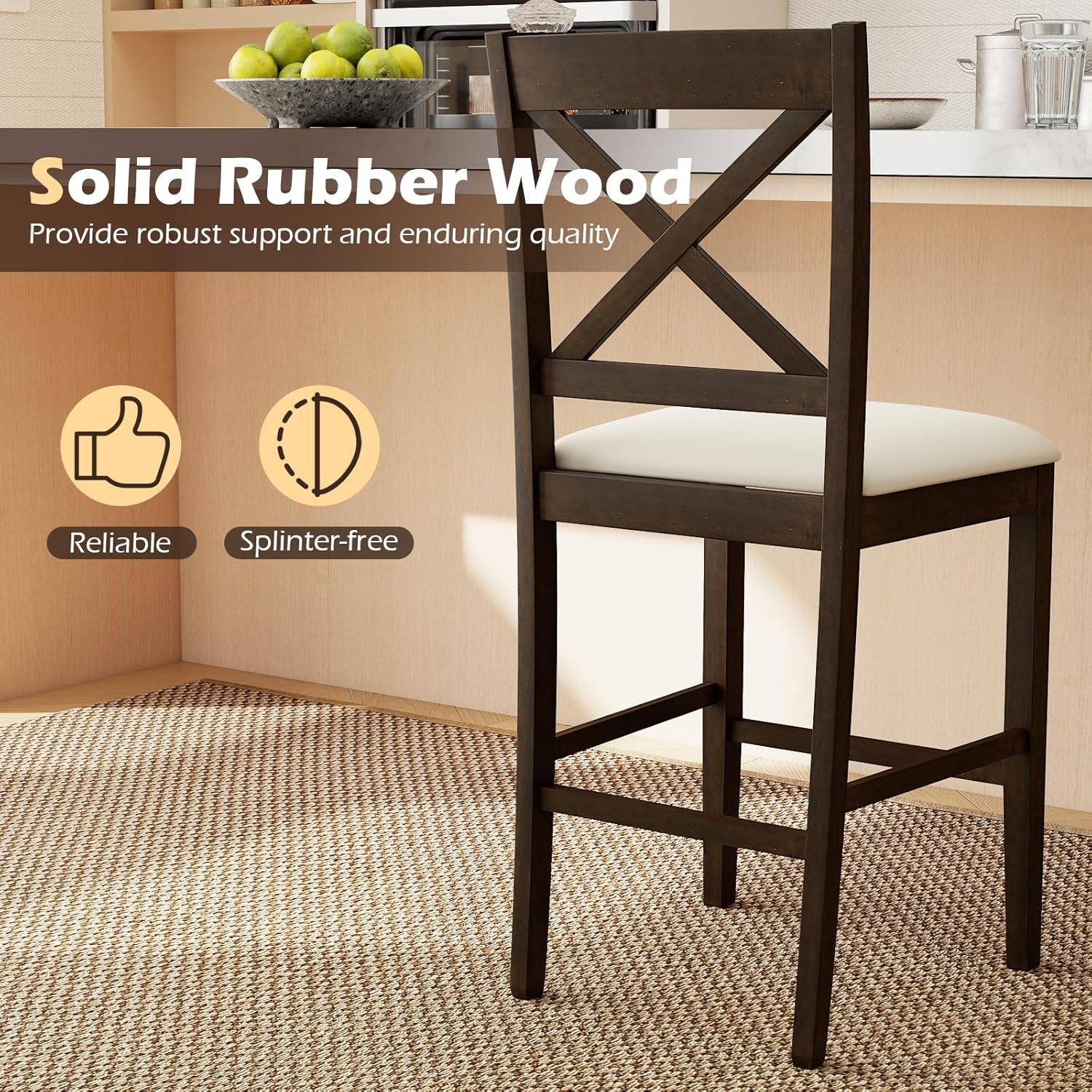 Giantex 24" Farmhouse Bar Stools Set of 2, Cross Back Counter Height Chairs with Padded Linen Upholstered Seat & Footrest, Wooden Barstools for Kitchen Island, Dining Room, Cafe, Dark Brown & Cream