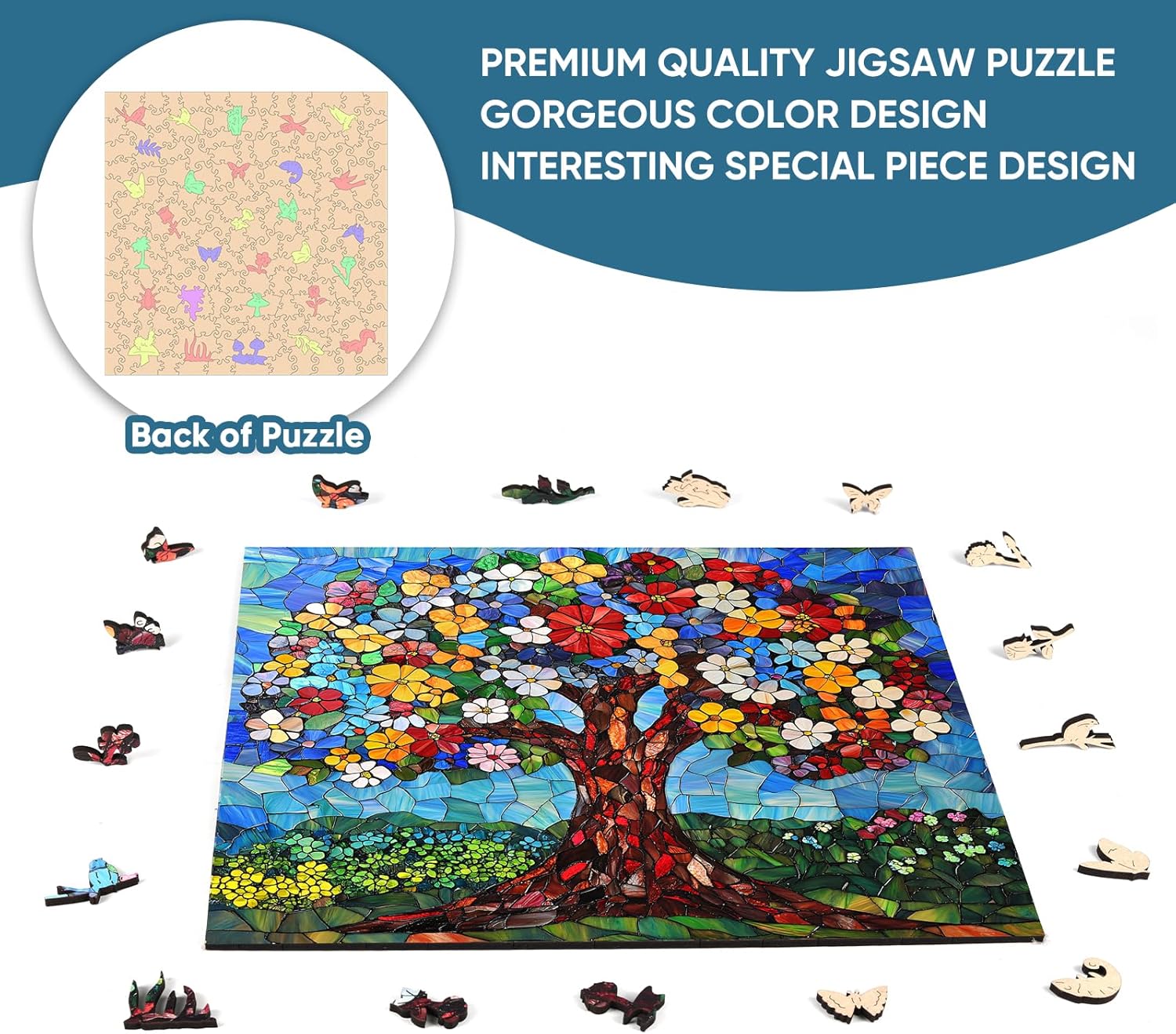 Delobil Mosaic Art Flower Tree Wooden Puzzle for Adults, 5mm Thick Stained Glass with 200 Unique Shaped Pieces, Challenge Puzzle Gift for Adults, 11.2 x 11.2 Inches