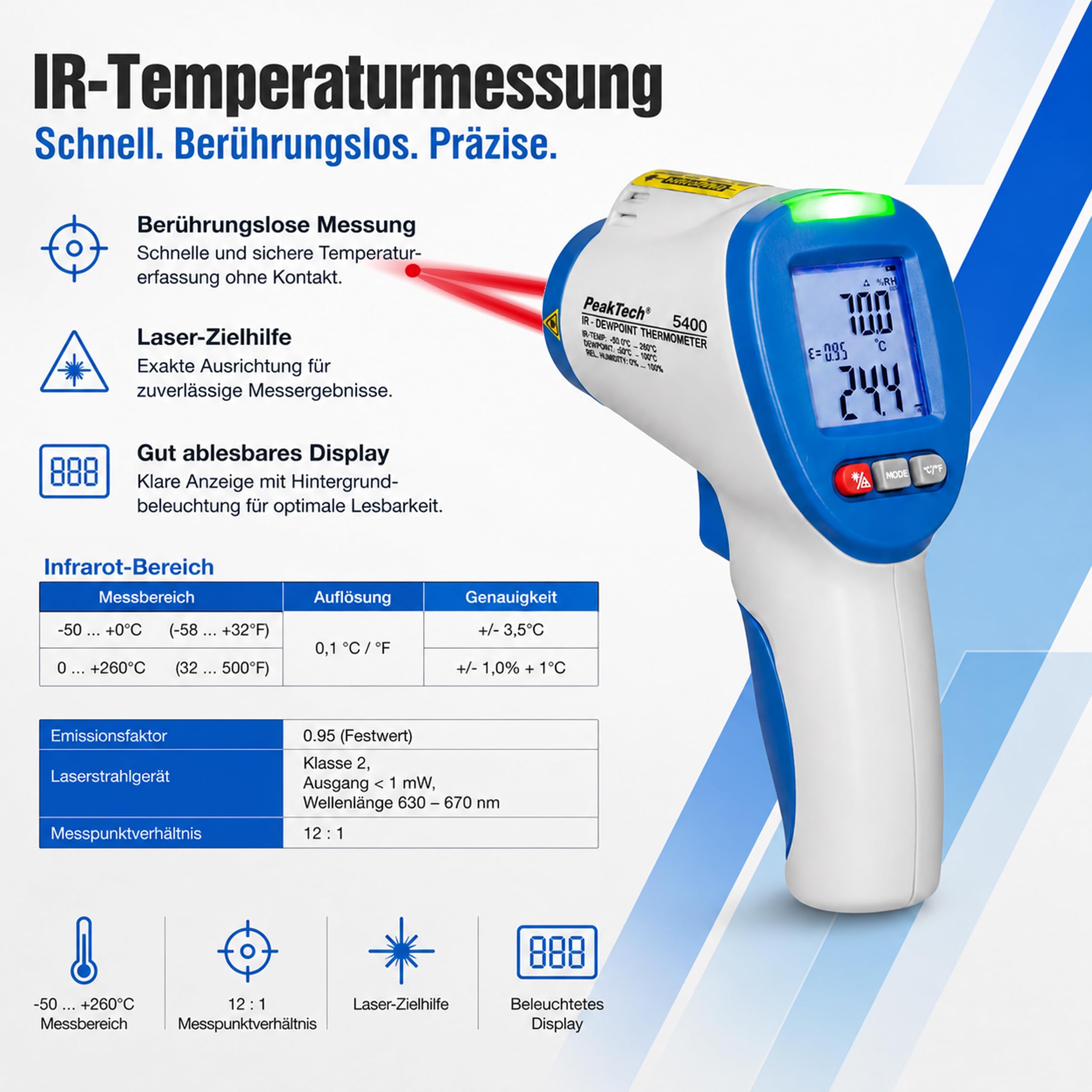 PeakTech P 5400 - IR Messgerät, Infrarotthermometer (-50°/260°), Oberflächen Thermometer, Taupunktscanner (-30°/100°), LED Umweltmessgerät, Thermodetektor Feuchtigkeit (0-100%), Taupunkt Messgerät