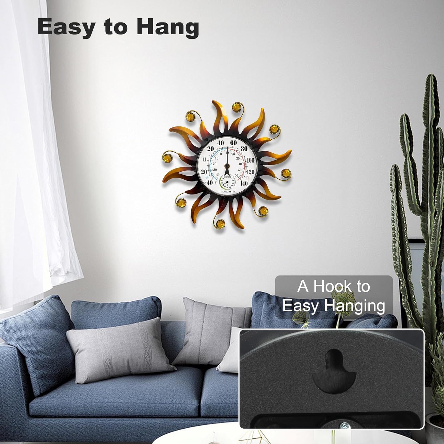 13" Sun Outdoor Thermometer Hygrometer - Metal Hanging Wall Thermometer Decorative Outdoor Thermometers Humidity Gauge Waterproof for Patio, Garden, Garage & House, Easy-to-Read No Battery Needed