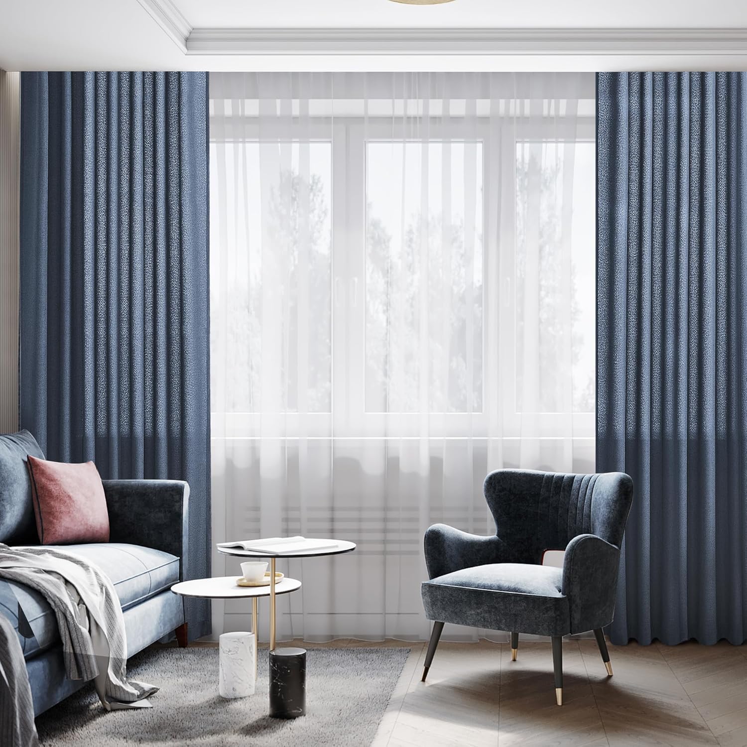 Back Tab Curtains 84 Inches Long Linen Blended Semi Sheer Curtains 2 Panels Set, Dark Blue Extra Wide Drapes for Patio Hallway Door French Window, Navy Blue Curtain 50x84 Inches Length