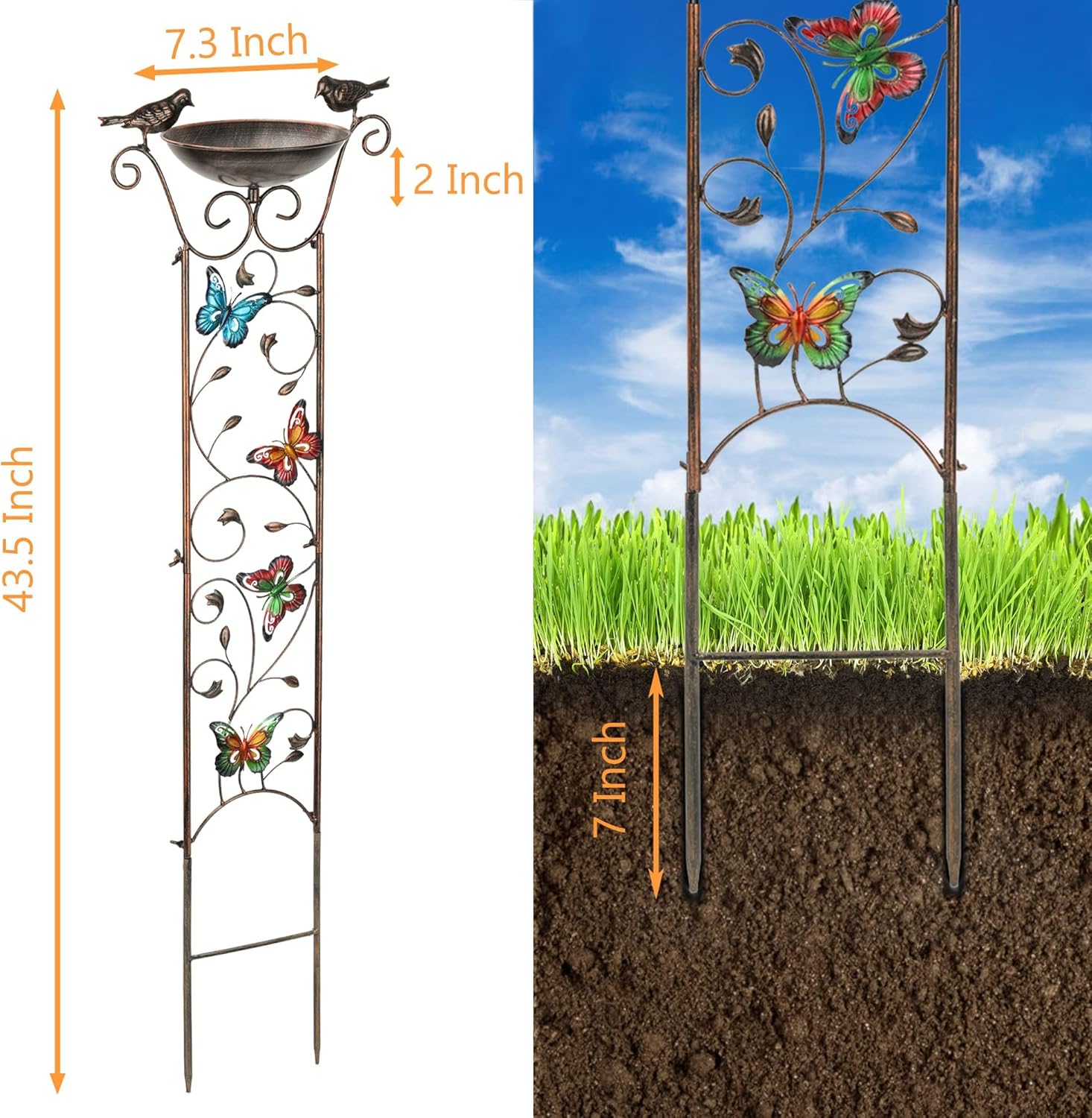 Garden Trellis Bird Bath Outdoor, 43.5 Inch Antique Iron Garden Plant Trellis Decorative with Butterflies and Detachable Drinking Basin Bowl, Free Standing BirdBath Birdfeeder Station