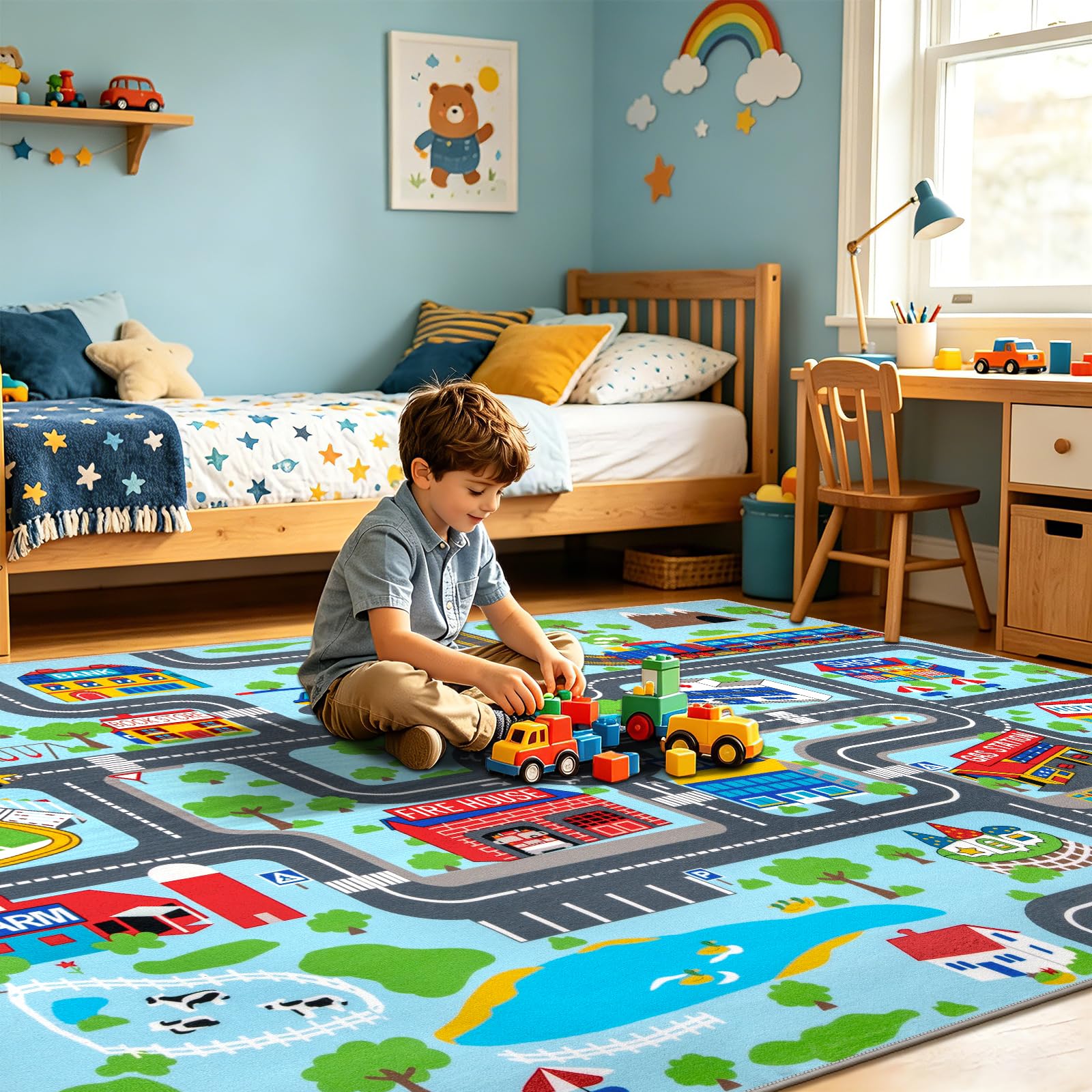 Capslpad Alfombra educativa para niños, de 6.6 x 5 pies, camino de tráfico, tapete para coche, tapete grande para aprendizaje y juegos, alfombra para sala de juegos, sala de estar, guardería,