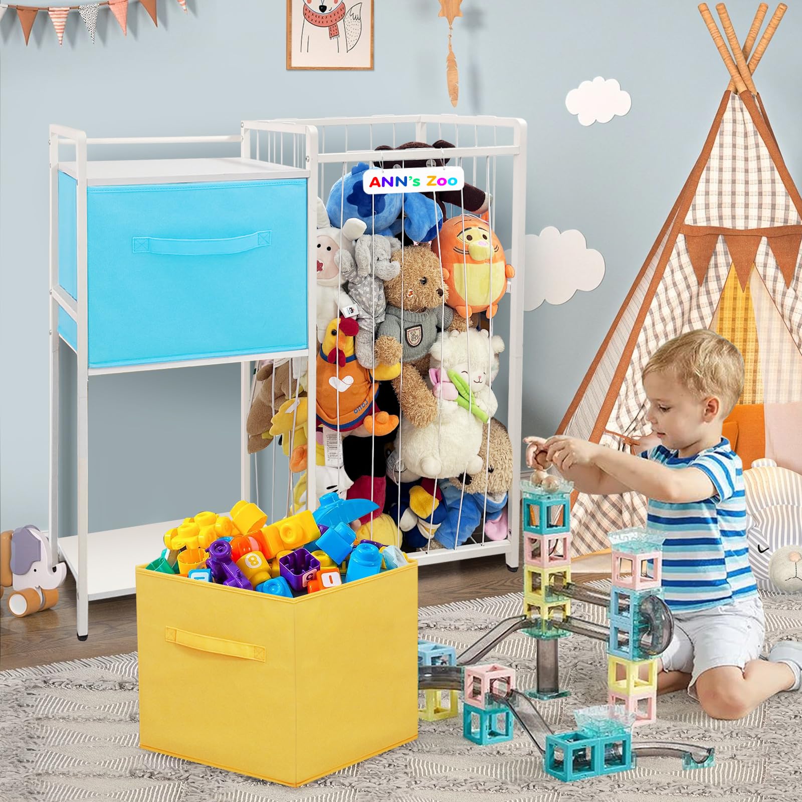 Kuscheltier Aufbewahrung, Metall Stofftier Aufbewahrung mit 2 Fächern für Plüschtiere Teddy, 187L Bücherregal Kinder Spielzeugschrank Spielzeug Korb für Kinderzimmer Möbel Deko B