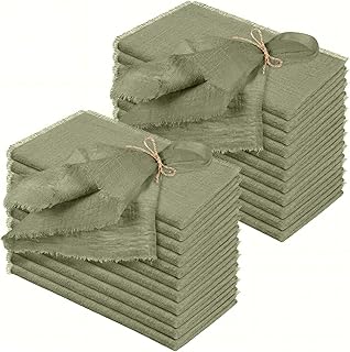 Preboun 24 Pcs Linen Napkins Bulk Cotton 17x17 Fringe, Olive Green