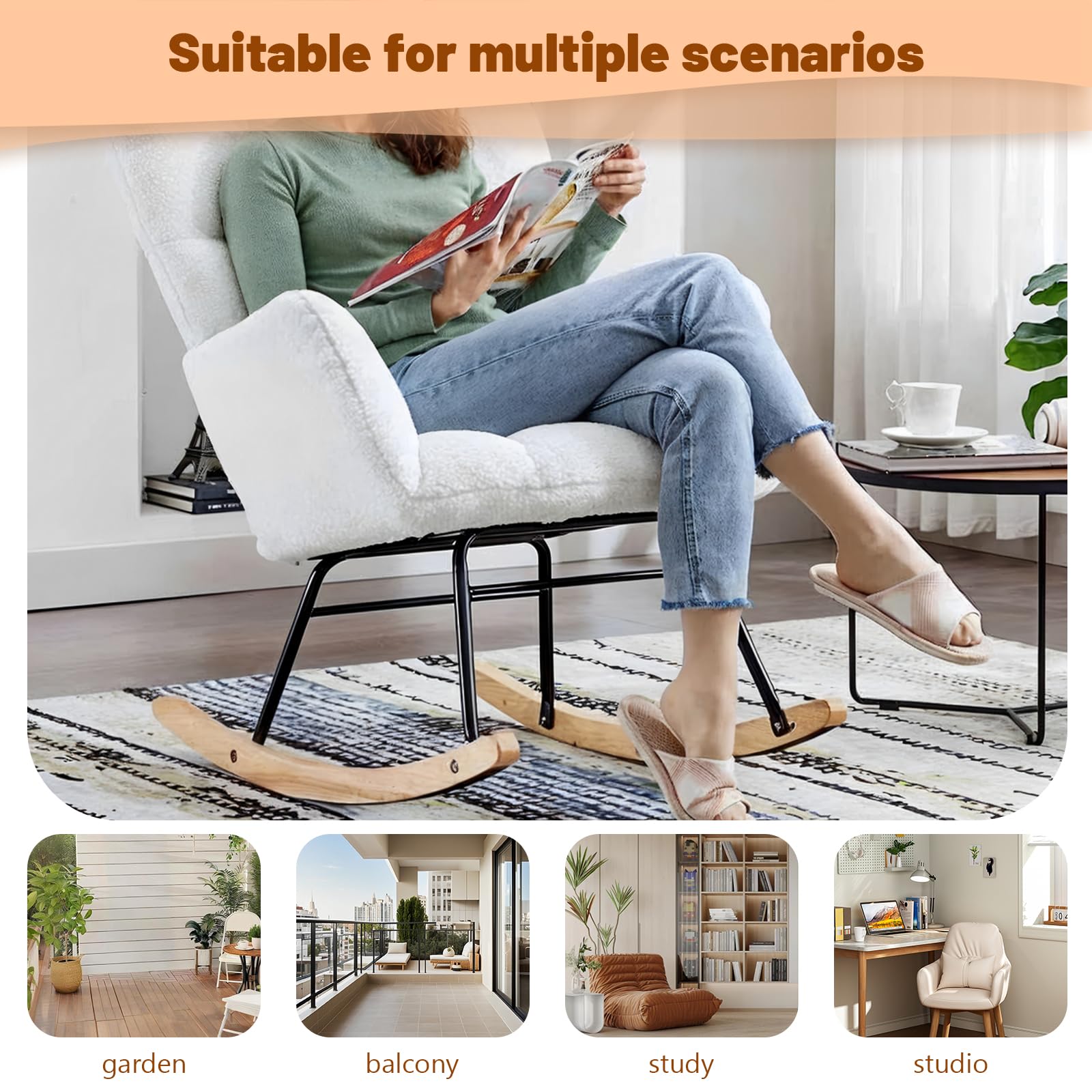 Nursery Rocking Chair Accent Chair Padded Seat with High Backrest Armchair ，Comfortable upholstered Chair, Leisure Sofa Chair for Living Room Bedroom Offices