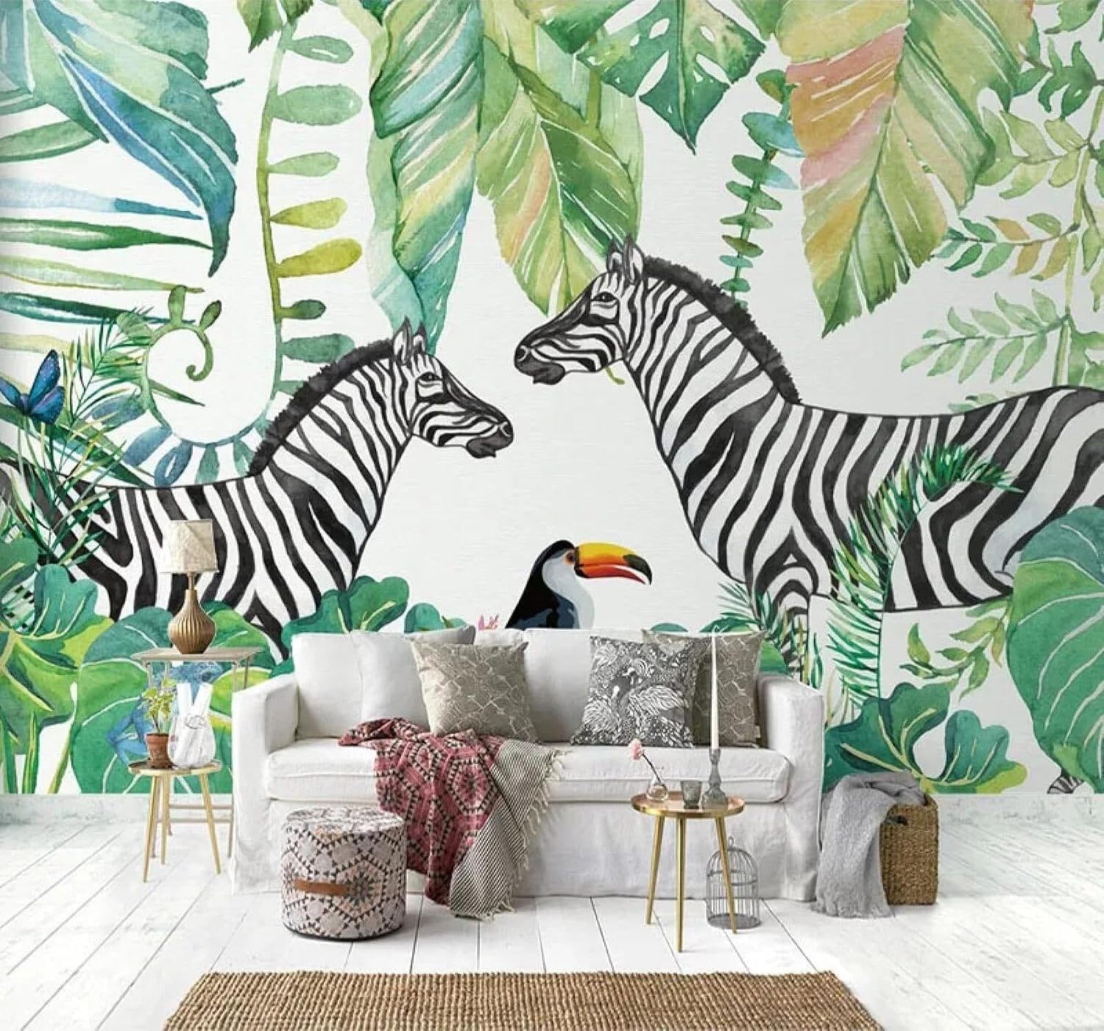 Tzxztt Hand Painted Watercolour Green Leaves Zebra Parrot Modern 3D Wallpaper Premium Textured Silk Neutral Tones Material Ideal for Living Room Bedroom-150cm×105cm