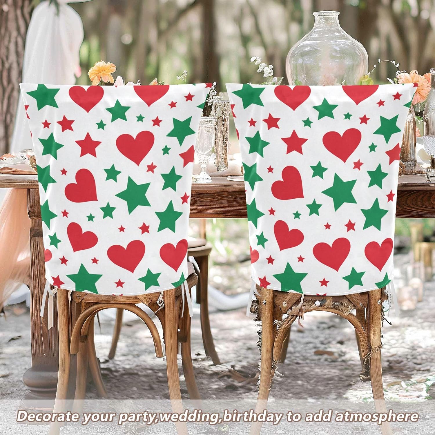 ALAZA Red Hearts Green Color Stars Chair Back Cover Set of 6, Washable Reusable Removable Chair Slipcovers Decorative Chair Cover for Home Kitchen Wedding Party