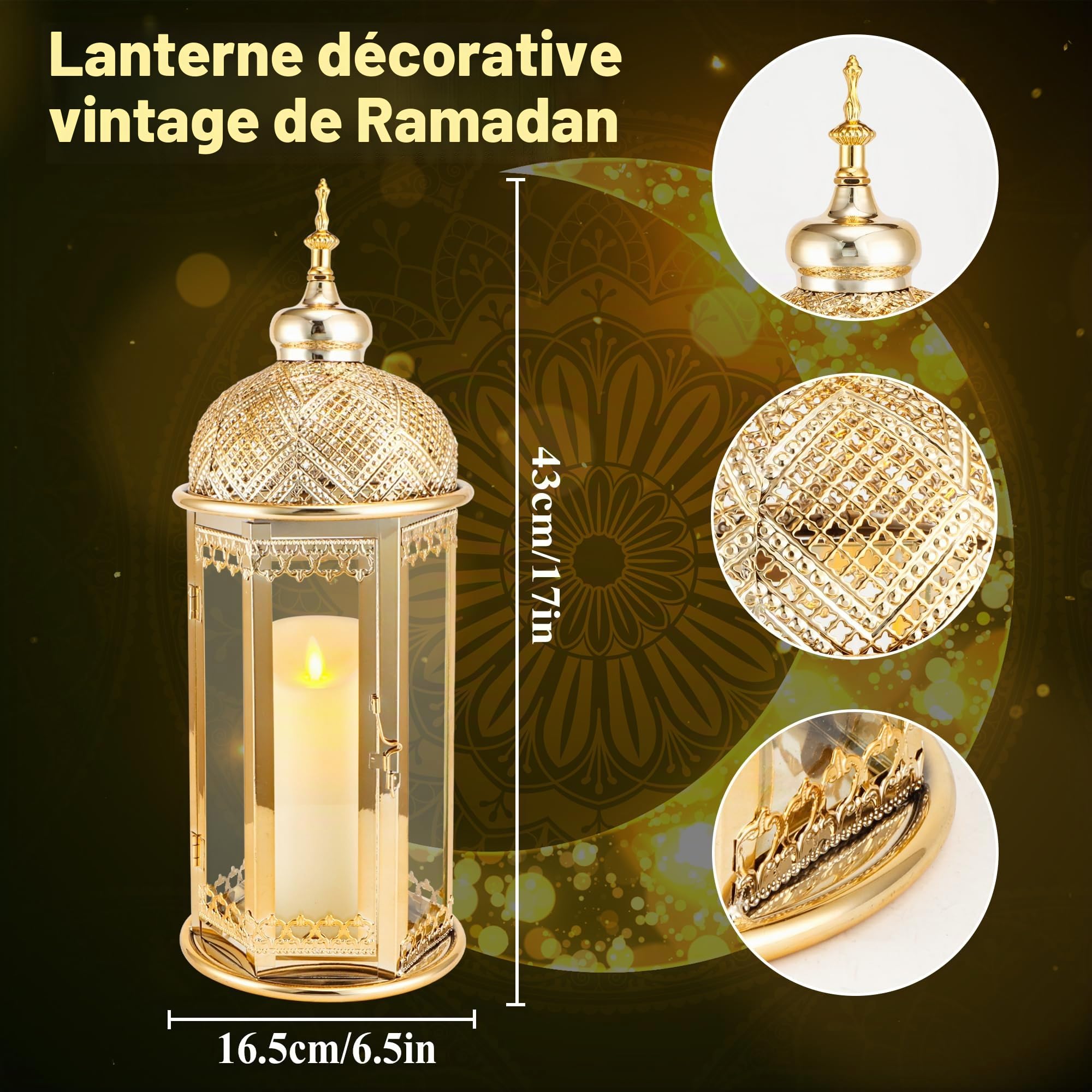 TRIROCKS Lanterne Marocaine 37 cm de Haut Bougeoir doré avec Verre trempé Lanterne décorative d'intérieur et d'extérieur pour Le Ramadan, pour Le Salon, Le Jardin Les terrasses, Les fêtes (doré)