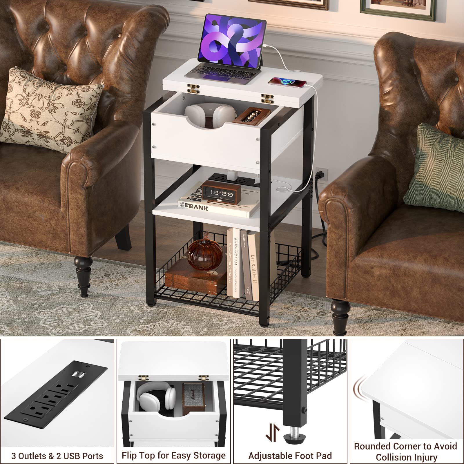 Cyclysio End Table with Charging Station, Side Table with USB Ports and Outlets, Modern Flip Top Nightstand with Movable Wheel, 26.8'' Tall Bedside Table Sofa Table for Living Room, Bedroom, White