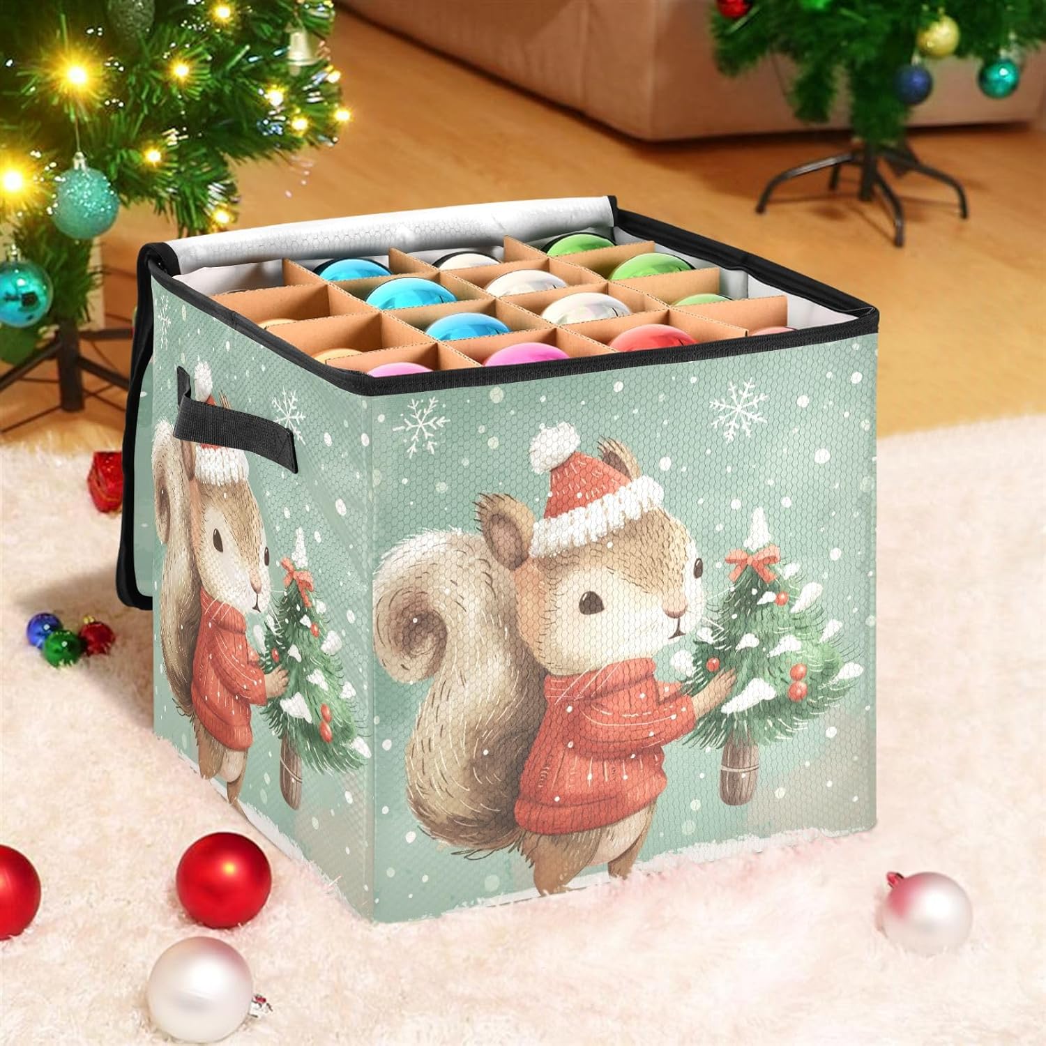 High Capacity Christmas ornament storage containers Holds Up to 64, Adjustable Dividers telescoping Holiday Storage Case with Lid,Christmas Squirrels