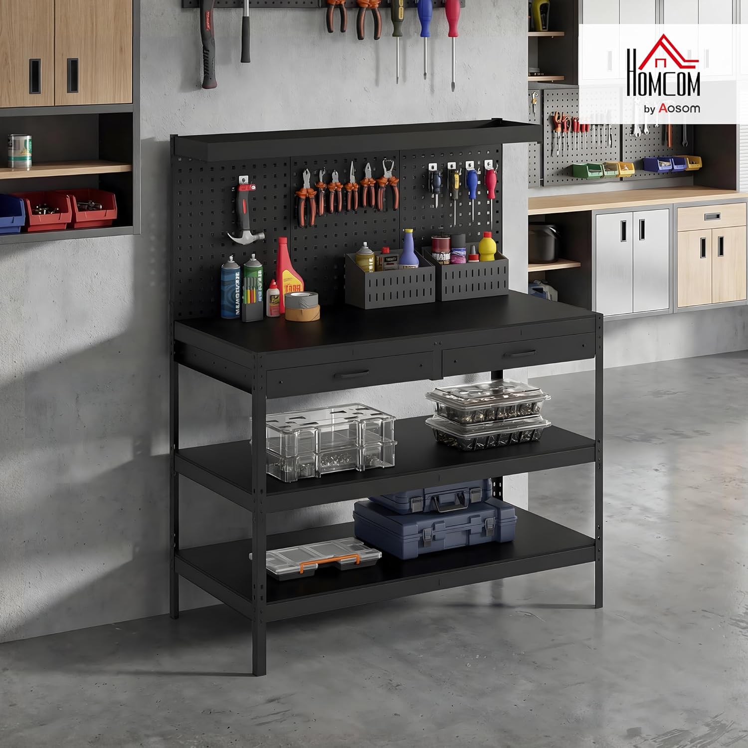HOMCOM Workbench, Maximum Load 272 kg, 122 x 61 x 156 cm, Worktop with Perforated Board, 2 Drawers and 2 Adjustable Shelves, Steel Frame, for Garage, Workshop or Warehouse, Black