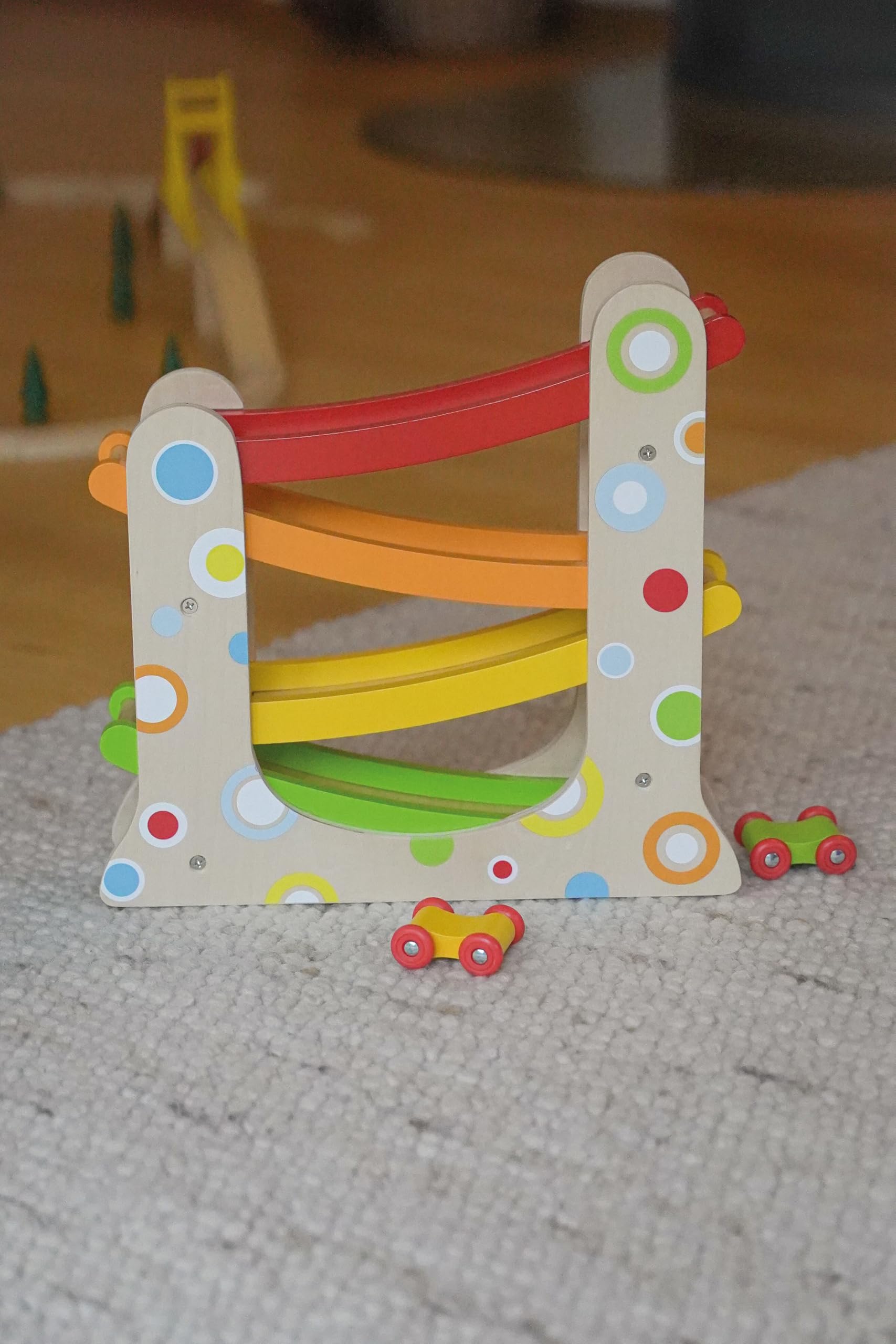 Autorennbahn mit 3 Autos: 28,9 x 8,5 x 28 cm,Holz, 4 Teile, per Stück