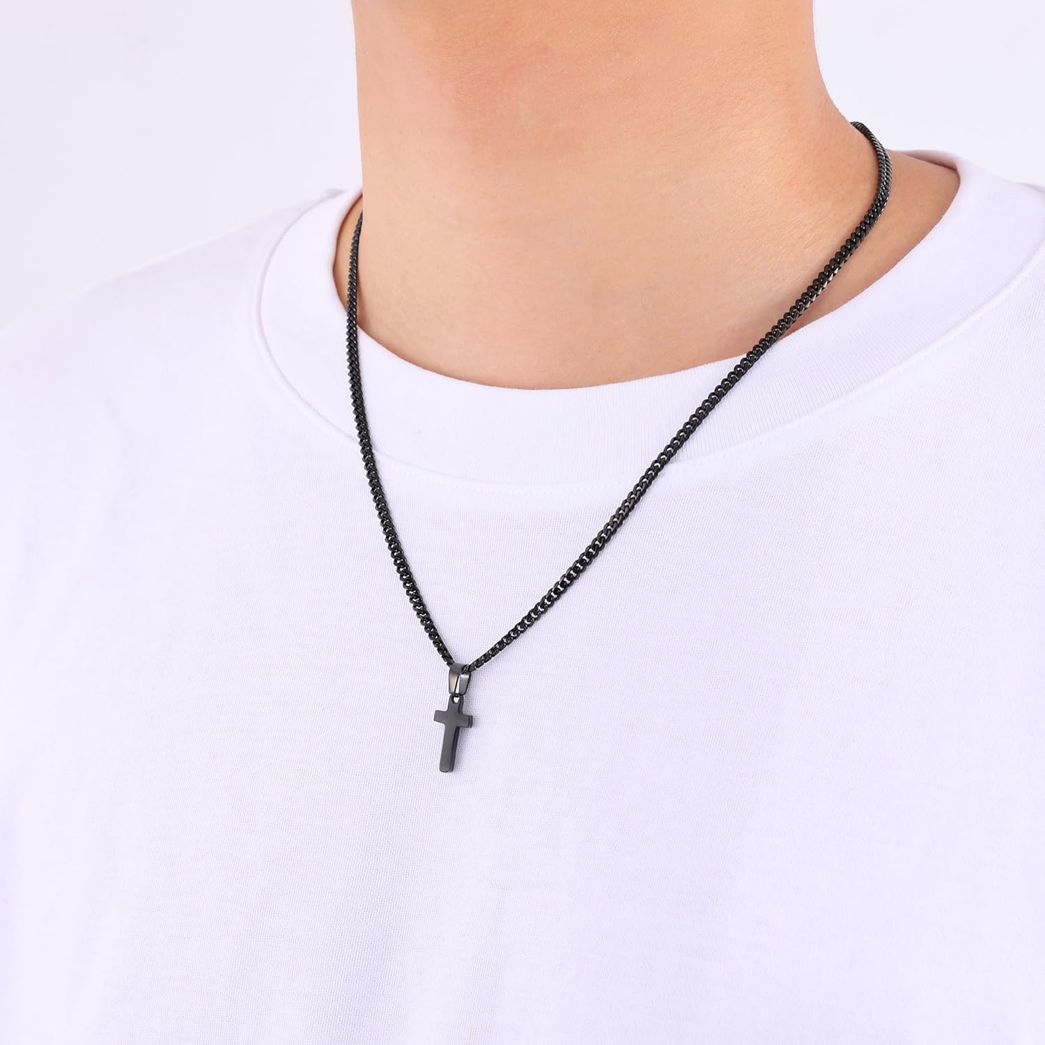 Fiusem Cross Necklace for Men, Silver Tone/Black/14K Gold Plated Mens Cross Necklaces with 3.5mm Chain and Stainless Pendant, Cuban Chain 16-24 Inches - Image 3