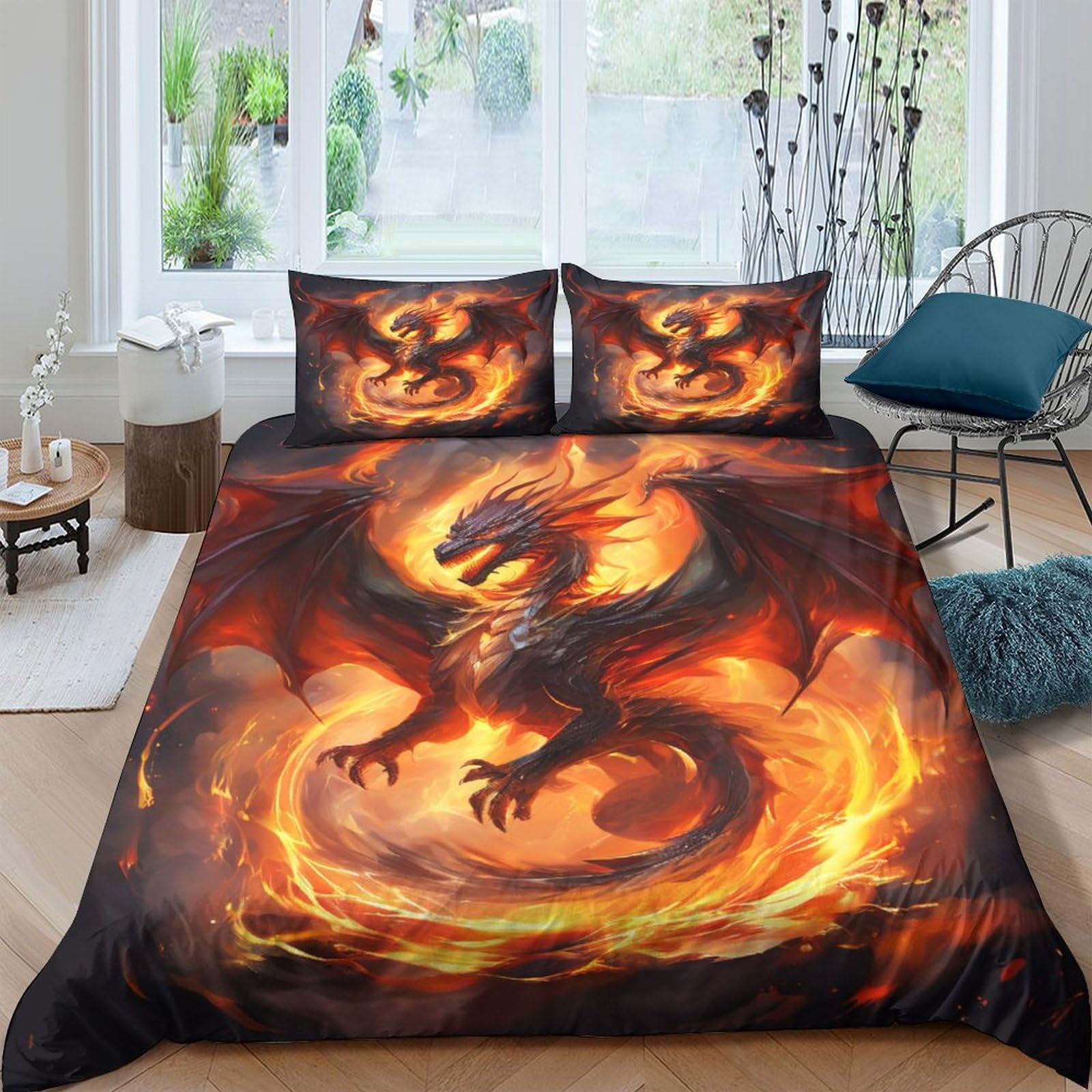 TNFHSOFT Flying Dragon 3D Bedding Set Duvet Coverwith Pillowcases Soft Microfiber Duvet Cover Set with Zipper Closurefor Teen Adult Kids 3 Piece Double（200x200cm）
