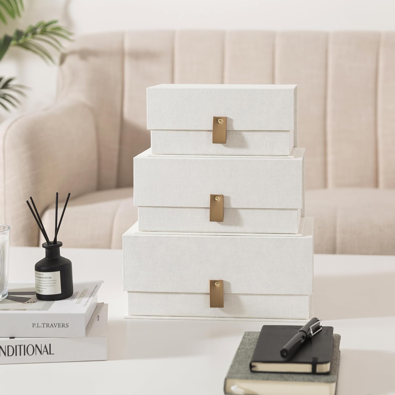Soul & Lane Decorative Cardboard Storage Boxes with Lids - Set of 3, Memory Boxes for Keepsakes, Stacking Decorative Photo Storage for Pictures and Decor, Ivory