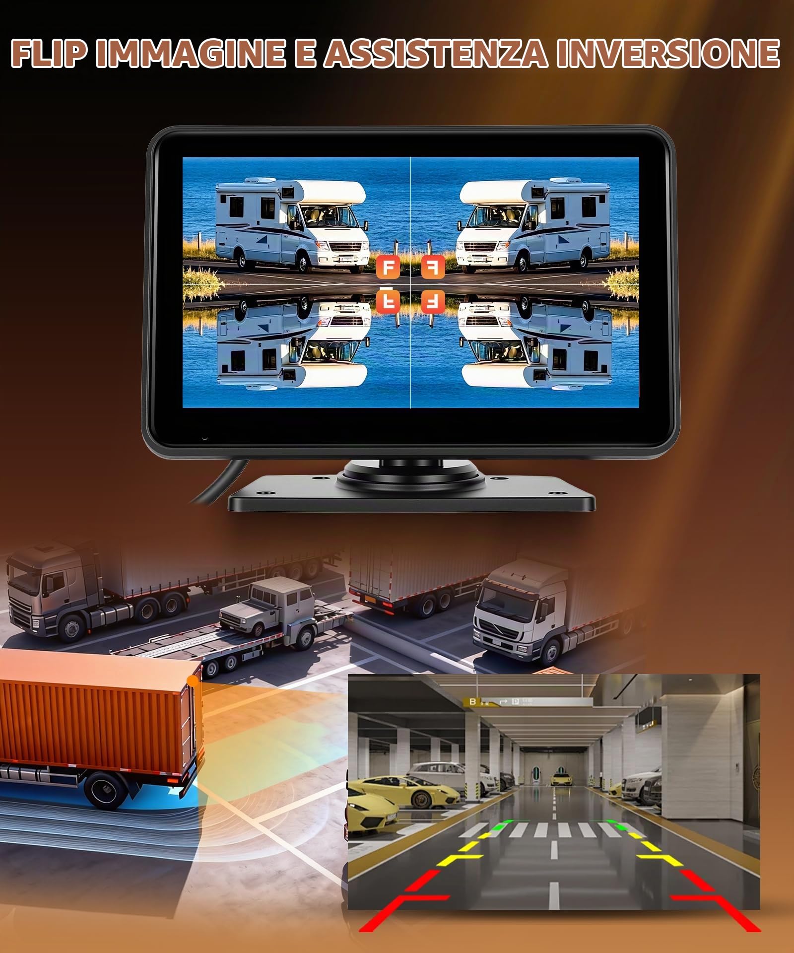 Telecamere Retromarcia 2 Telecamere Kit con Android Mirror Link, 7 Pollici Touchscreen, 1080P Telecamera Posteriore IP68 Impermeabile, Visione Notturna, Loop Video, per Camion/Autobus/Furgoni/Camper