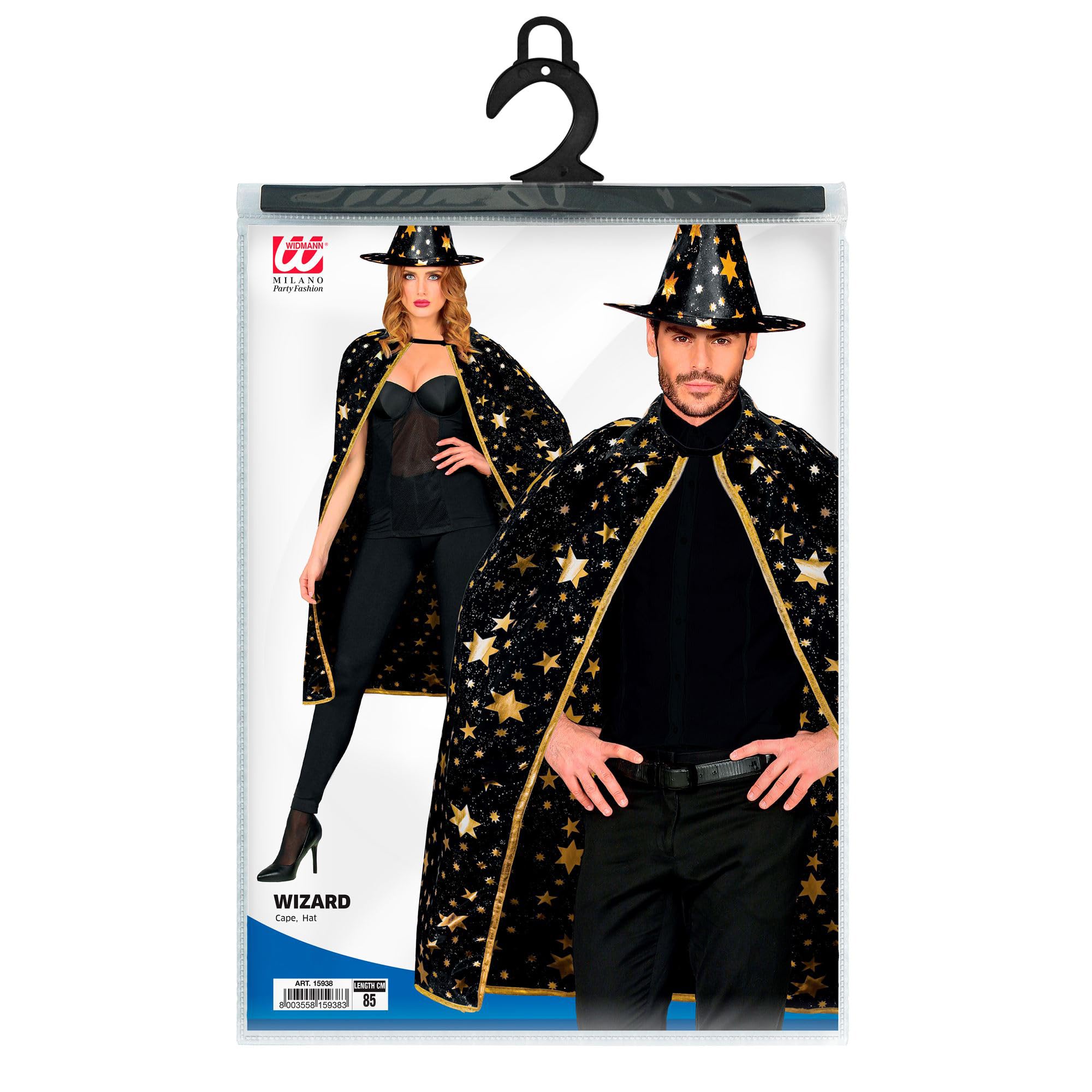 W WIDMANN MILANO Party Fashion - Kostium magika dla dorosłych, peleryna (85 cm) z kapeluszem, magik, czarownica