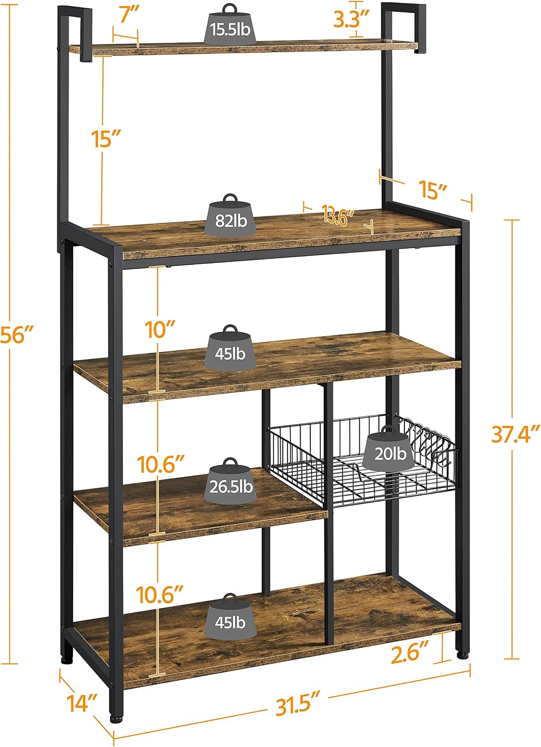 Yaheetech Kitchen Bakers Rack with Wire Basket, Microwave Oven Stand Coffee Bar Station with 5-Tier Storage Shelves & 6 Hooks, Utility Storage Shelf for Kitchen, Dinning Room, Office, Rustic Brown