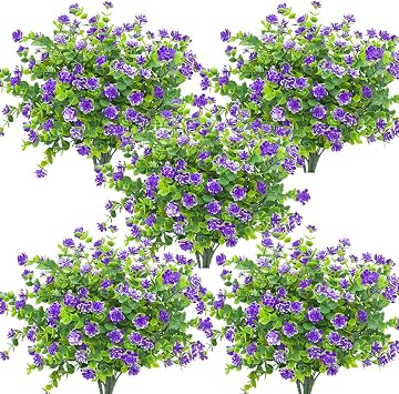 Grunyia 10 Bundles Artificial Fake Flowers, Faux Outdoor Plastic Plants UV Resistant Shrubs Outside Indoor Decorations Blue-Eucalyptus