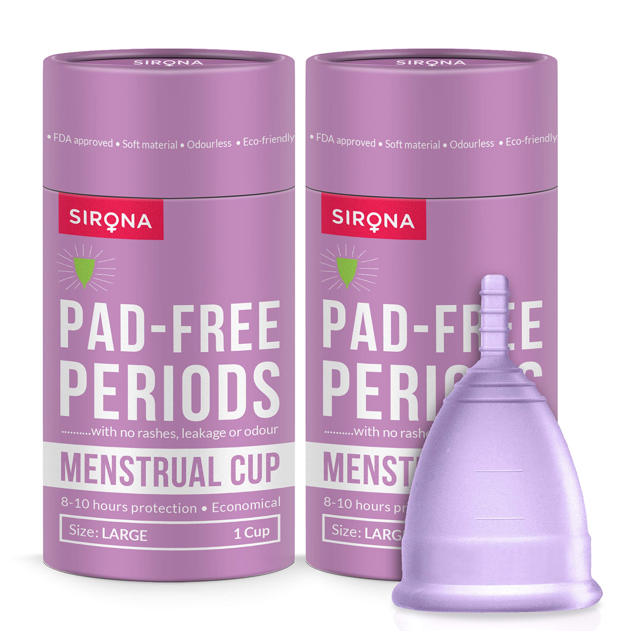 Sirona Reusable Menstrual Cup for Women - Large Size with Pouch (Pack of 2), Ultra Soft, Odour and Rash Free, No Leakage, Protection for Up to 8-10 Hours, FDA Approved