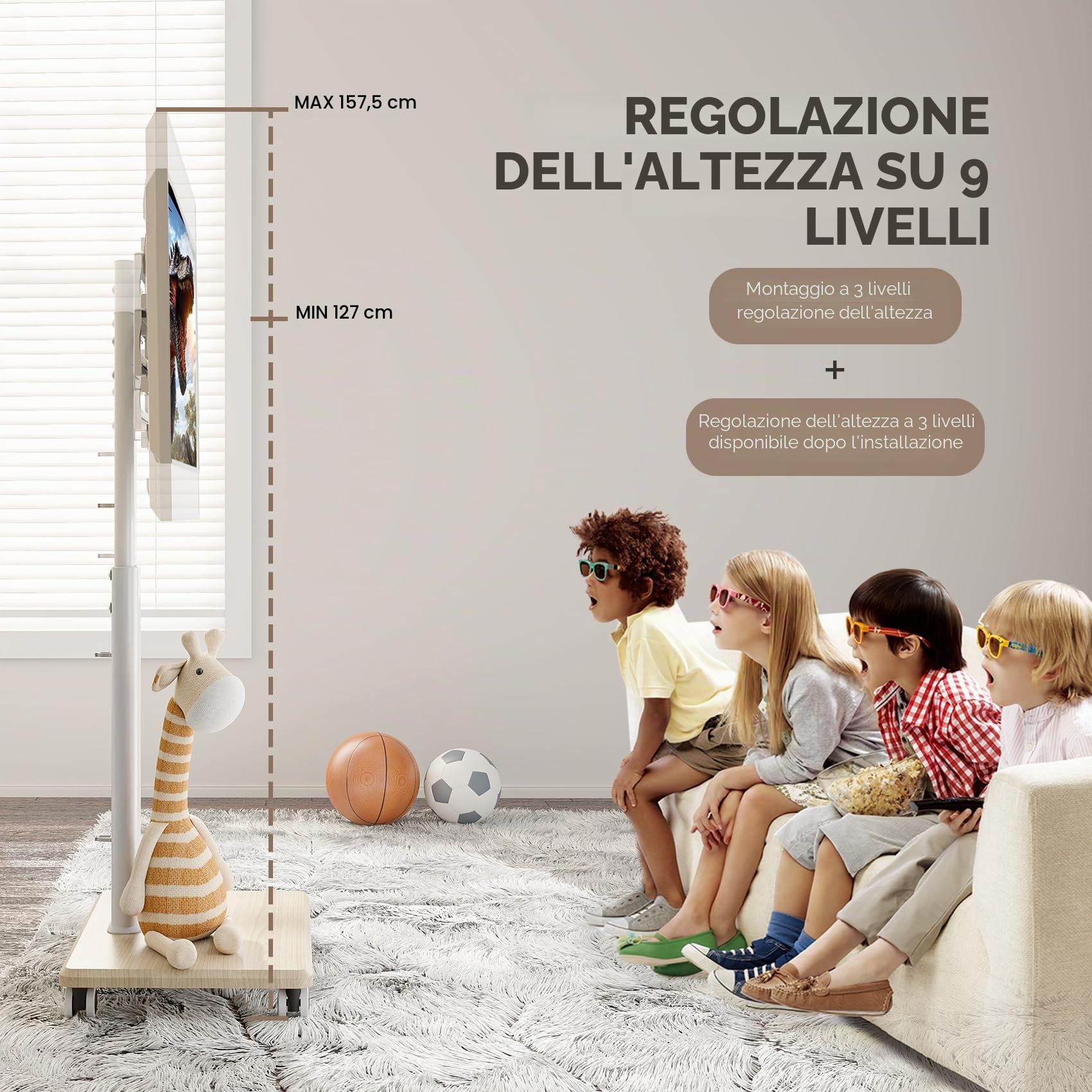 Supporto TV mobile per TV da 27 a 65 pollici, carrello TV portatile con ruote, grande supporto universale con supporto girevole, altezza regolabile per angolo camera da letto, esterno.