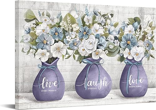 Lienzo decorativo rústico para pared, diseño de flores en jarrón morado con citas inspiradoras, póster de Live Laugh Love, arte de granja,