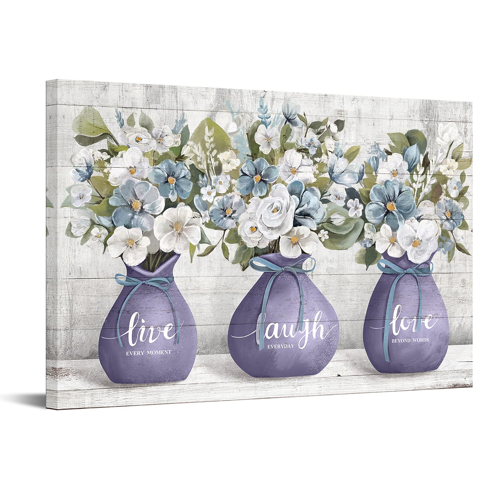 Rustic Wall Art Canvas Flowers in Purple Vase with Inspirational Quotes