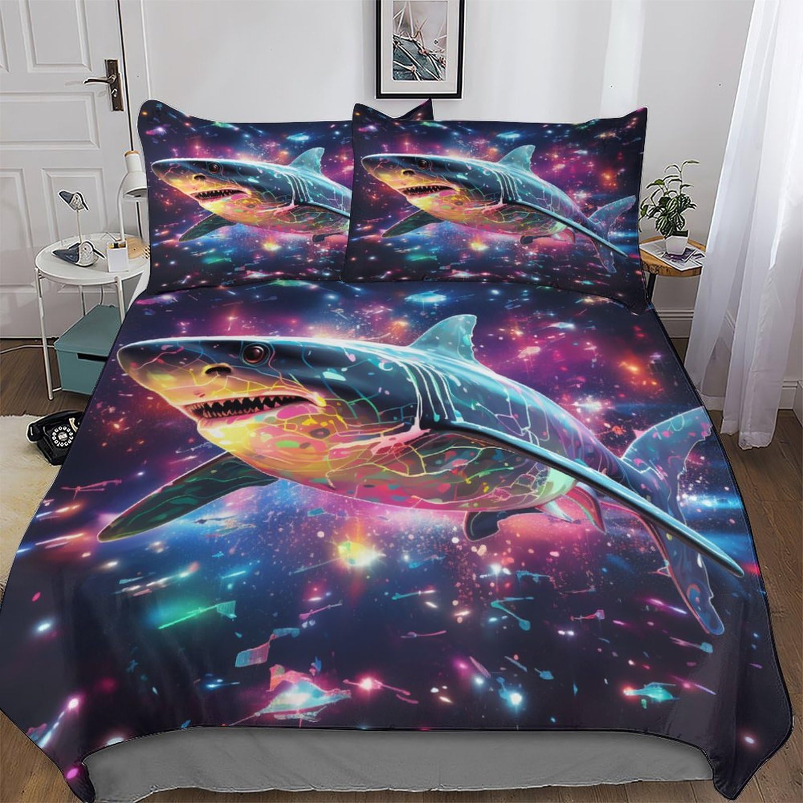 Shark Bedding Set Duvet Cover Set 3D Comforter Cover 3 Pieces Bedspread Cover For Kids Teens Microfiber Easy Care And Super Soft Poly Cotton Quilt Cover Double (200x200cm)