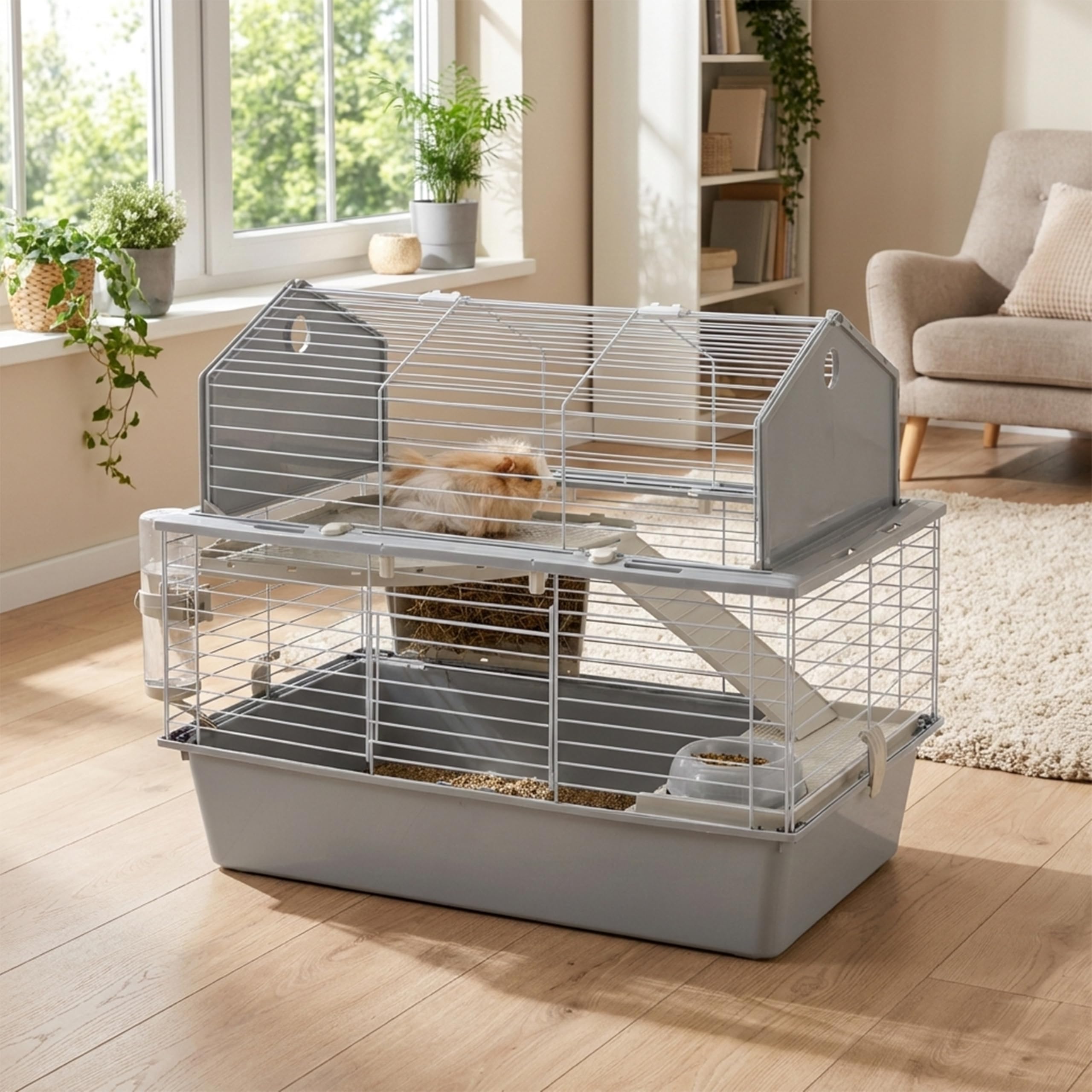 Ferplast Gabbia per Conigli Gabbia per Piccoli Animali BARN 80, 2 Piani, Tetto Apribile, Accessori Inclusi, 78 x 48 x h 65 cm.