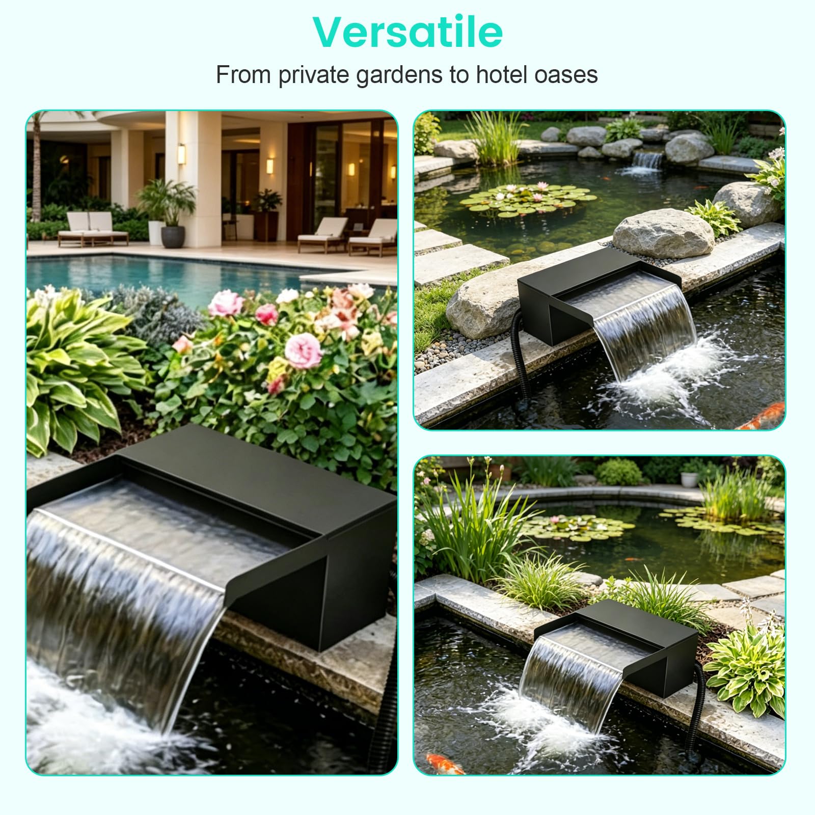 Teichwasserfall Set, 20cm Edelstahl Wasserfall Teich Überlauf für Gartenteich Komplett mit Pumpe Filter, 2500 L/H Pumpe, 3 m Schlauch für Gartenteich Wasserspiel Garten Deko Patio Terrasse Außenteich