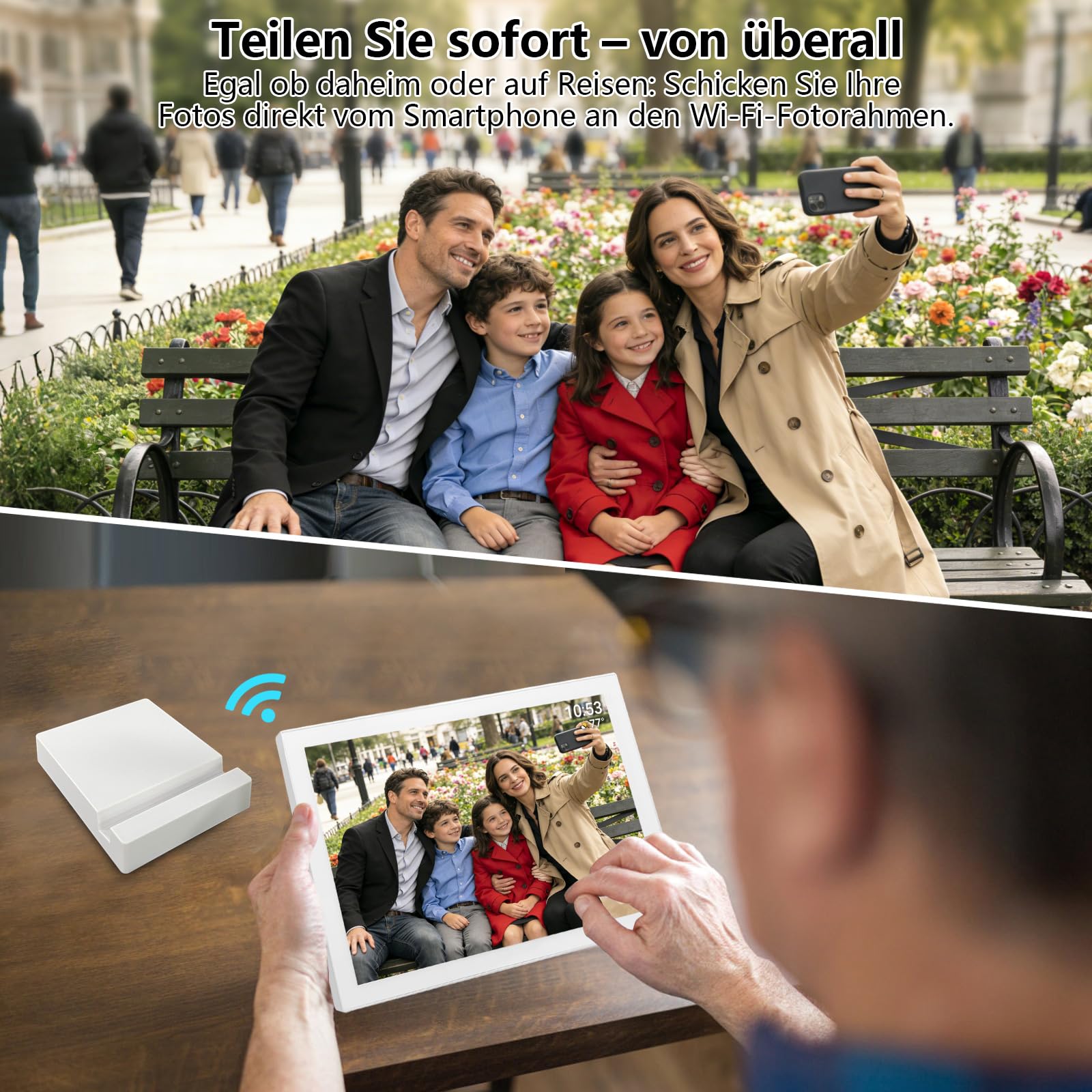 Frameo Digitaler Bilderrahmen 10,1 Zoll WLAN, 5000mAh Akku mit kabelloser Ladestation, 32GB Speicher, HD IPS Touchscreen, Auto-Rotation, Sofortiges Teilen von Fotos und Videos via Frameo App– Der idea