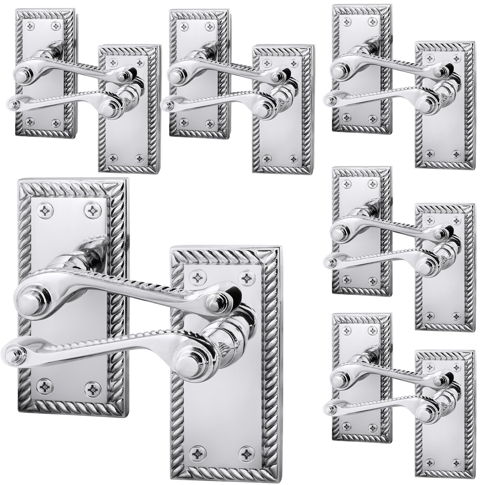 Eai Polished Chrome Georgian Scroll Door Handles - 6 Pairs Of Internal Lever Latch Handles On Backplate - Rope Design