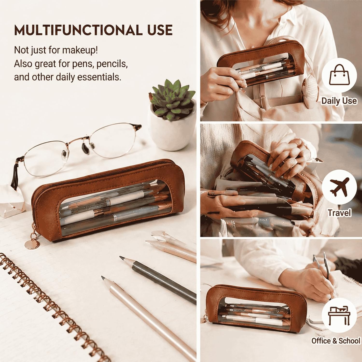 Small Clear Makeup Brush Bag, Brown PU Leather Travel Cosmetic Pouch, Transparent Waterproof Pencil Case Organizer with Zipper for Women Home & Office Storage